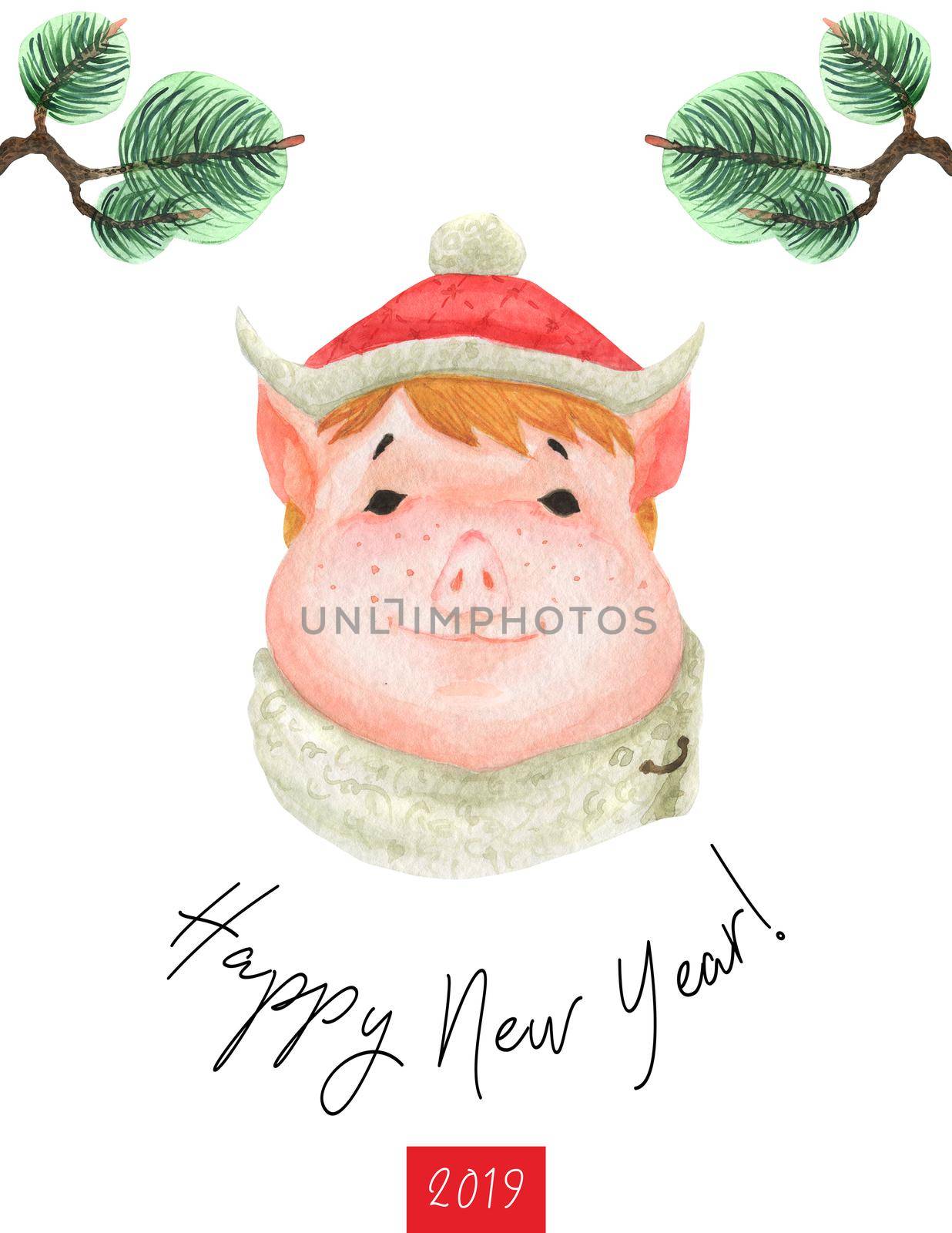 Happy New Year postcard 2019. Girl Teen Piggy in ethnic fur hat. Watercolor art, clipping path included