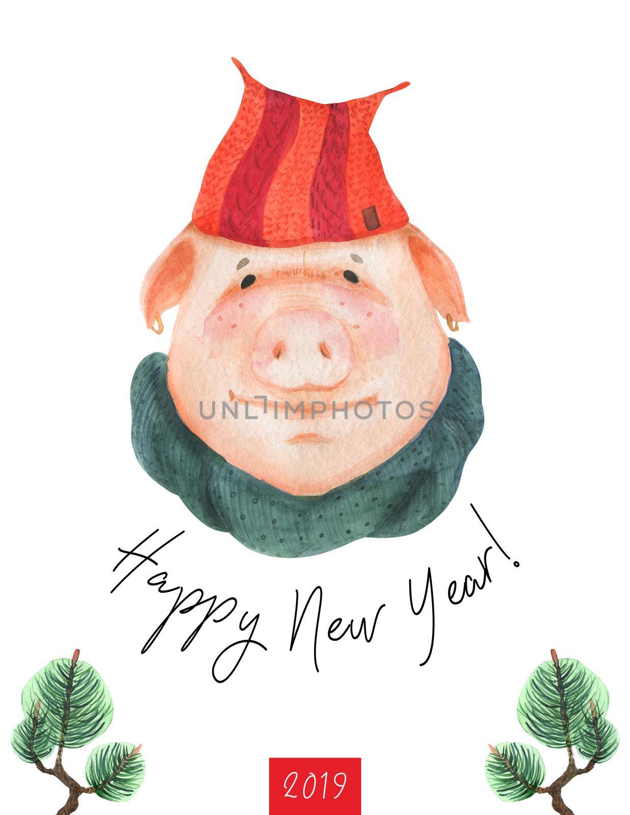 Happy New Year postcard 2019. Boy teen pig in snail hat . Watercolor art, clipping path included