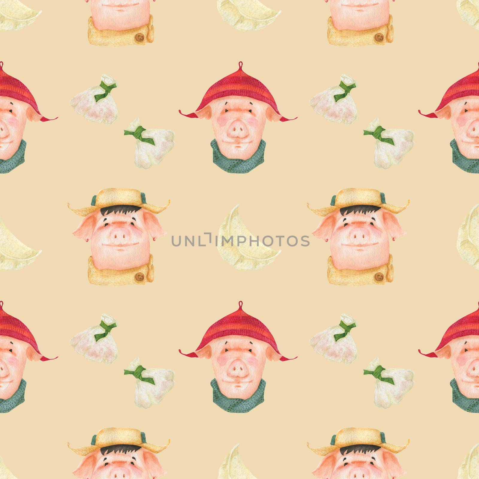Chinese new year watercolor seamless pattern. Funny teen pigs and dumplings. White background, clipping path included