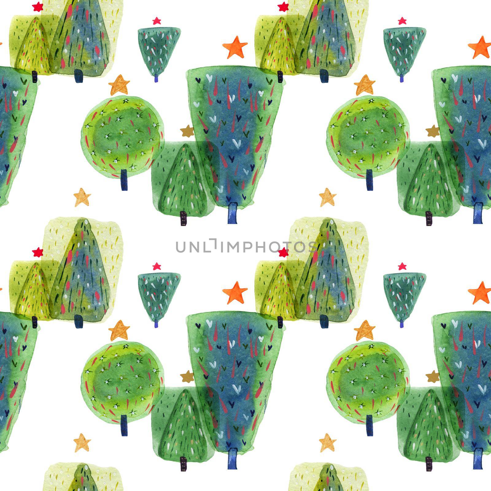 Christmas Tree Watercolor seamless pattern, white background, clipping path included