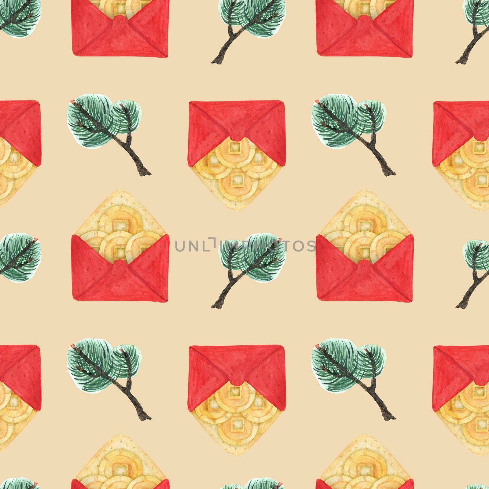 Chinese New Year watercolor seamless pattern. Lucky money in red envelope and green pine branches. Beige background, clipping path included