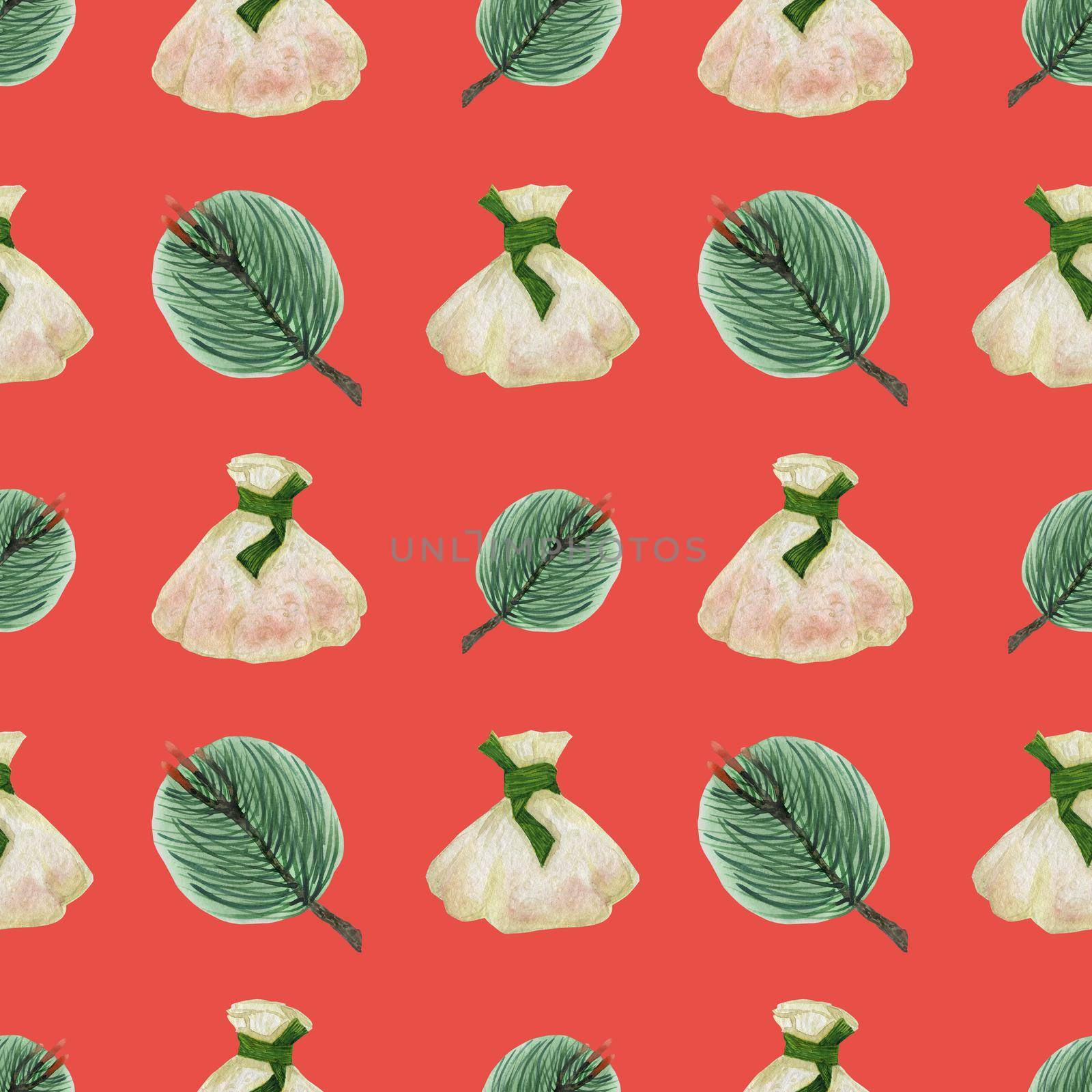 Chinese New Year watercolor seamless pattern. Steamed Dumplings and Pine Branches. Red coral background, clipping path included
