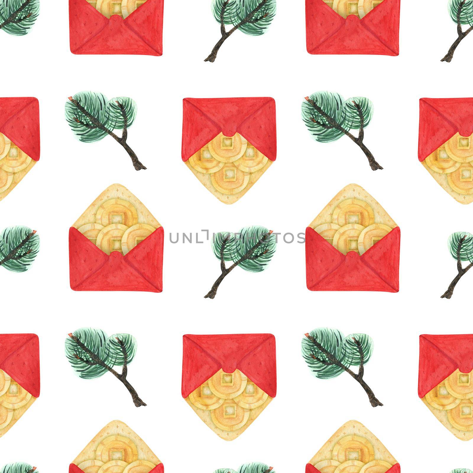 Chinese New Year watercolor seamless pattern. Lucky money in red envelope and green pine branches. White background, clipping path included