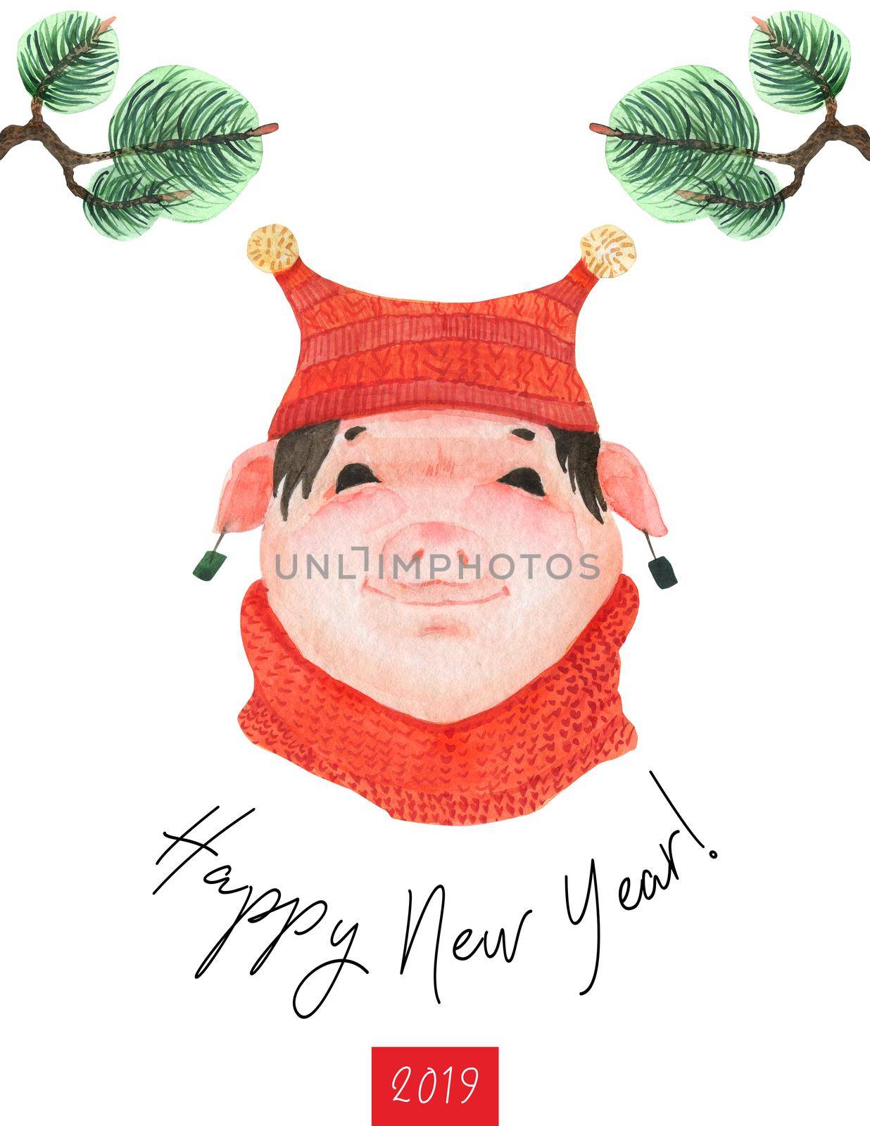 Happy New Year postcard 2019. Girl Teen Piggy with green earrings . Watercolor art, clipping path included