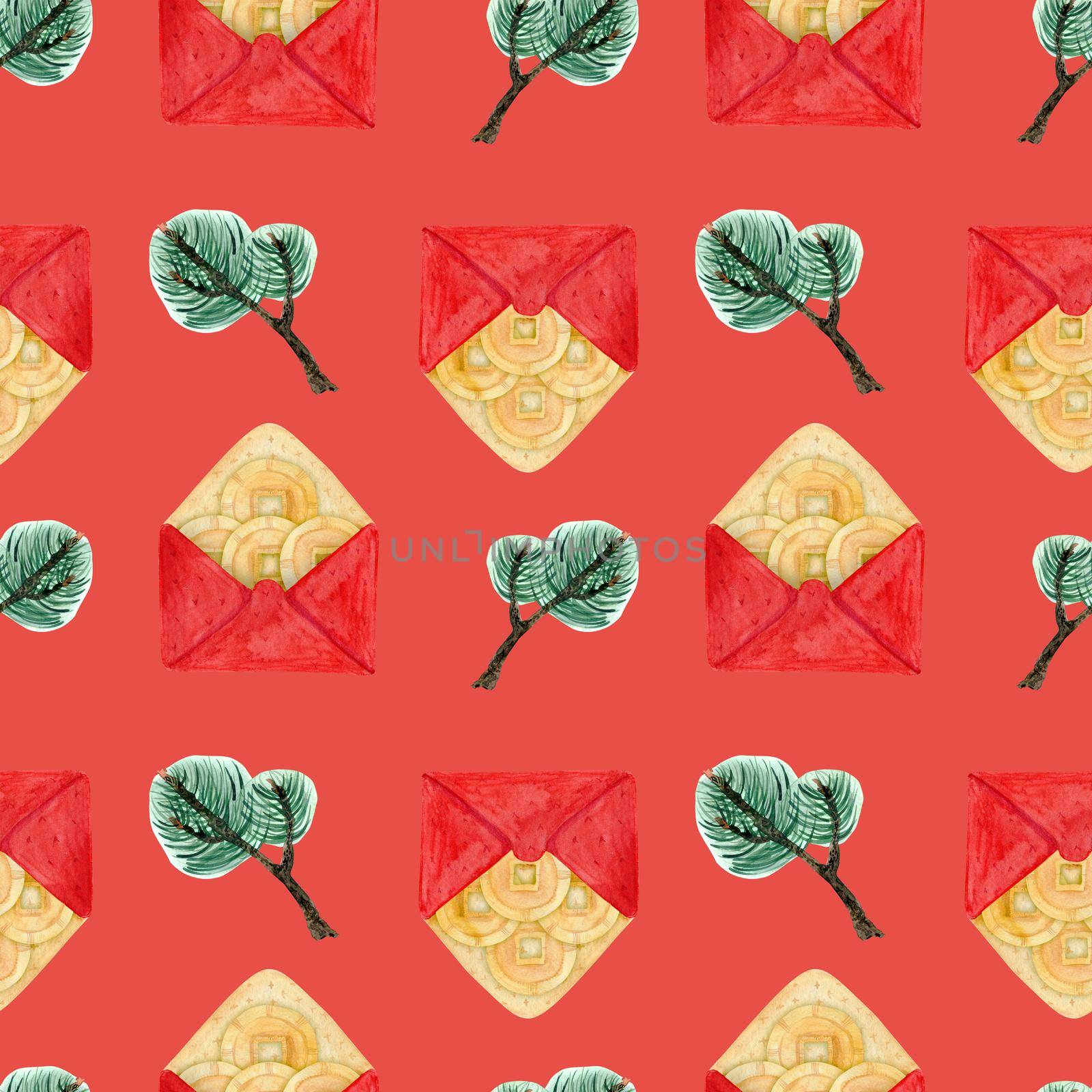 Chinese New Year watercolor seamless pattern. Lucky money in red envelope and green pine branches. Red coral background, clipping path included