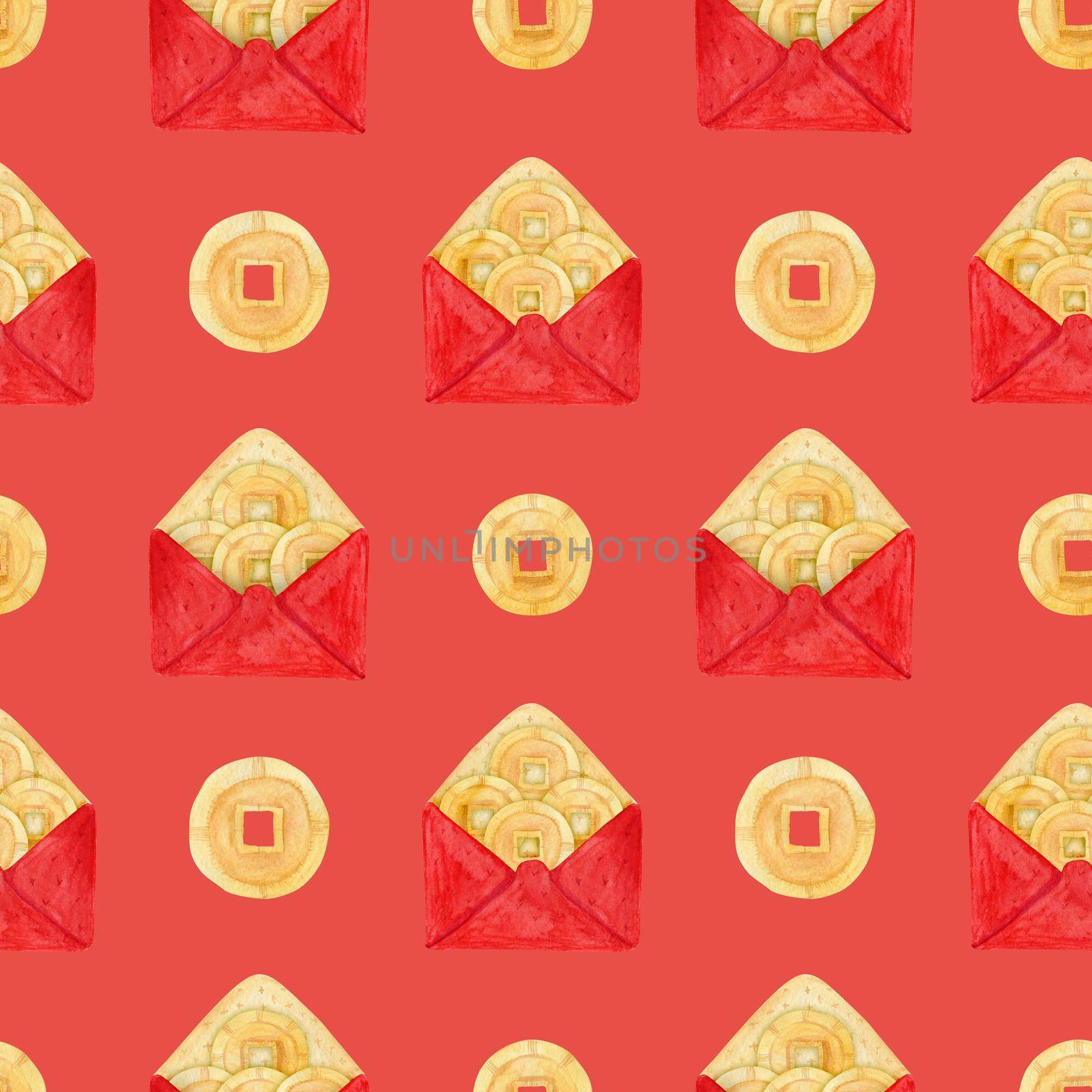 Chinese New Year watercolor seamless pattern. Lucky money in red envelope and one golden coin. Red coral background, clipping path included