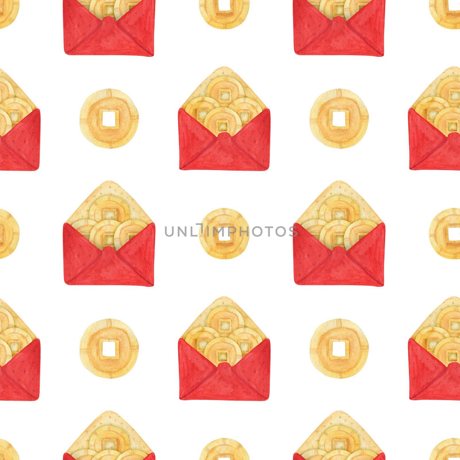 Chinese New Year watercolor seamless pattern. Lucky money in red envelope and one golden coin. White background, clipping path included
