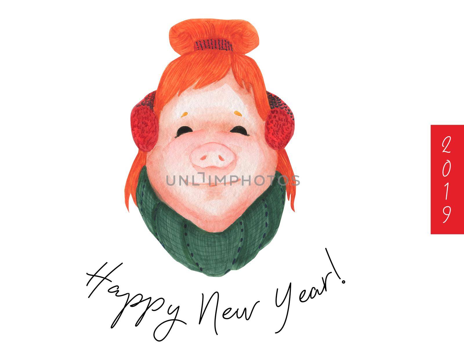 Happy New Year postcard Girl Teen Piggy 2019. Watercolor art, clipping path included