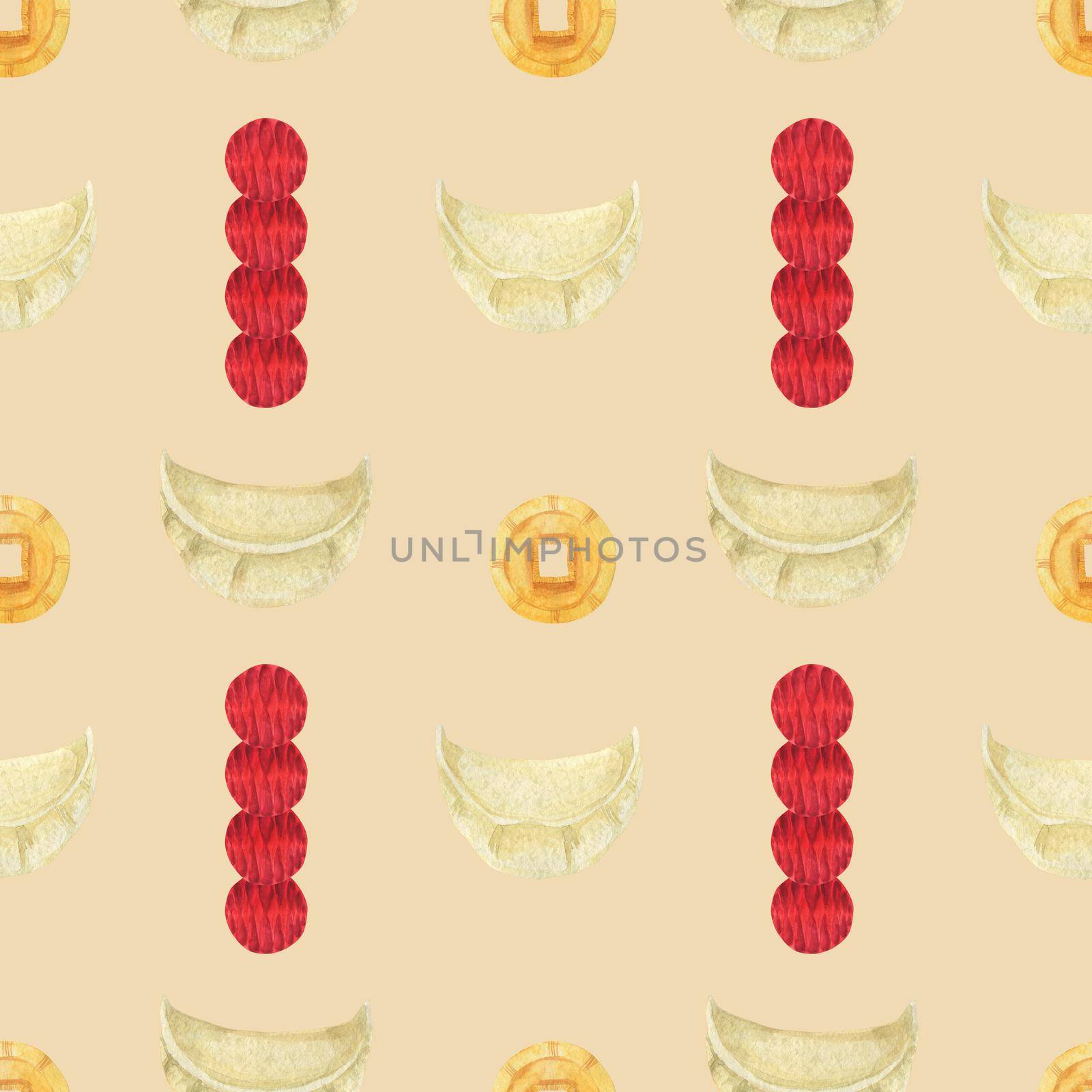 Chinese New Year watercolor seamless pattern. Boiled Dumplings and Lucky Coins. Beige background, clipping path included