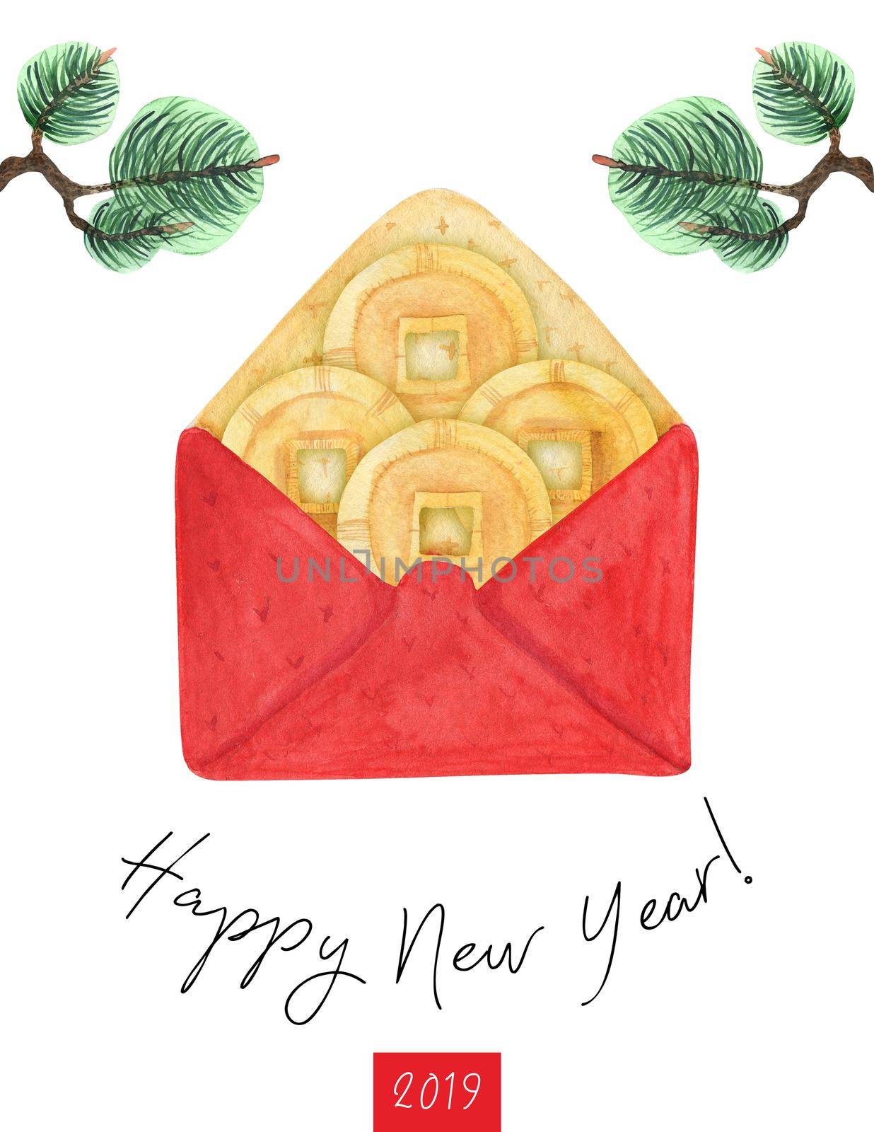 Happy New Year watercolor postcard with lucky money in red envelope and pine branches