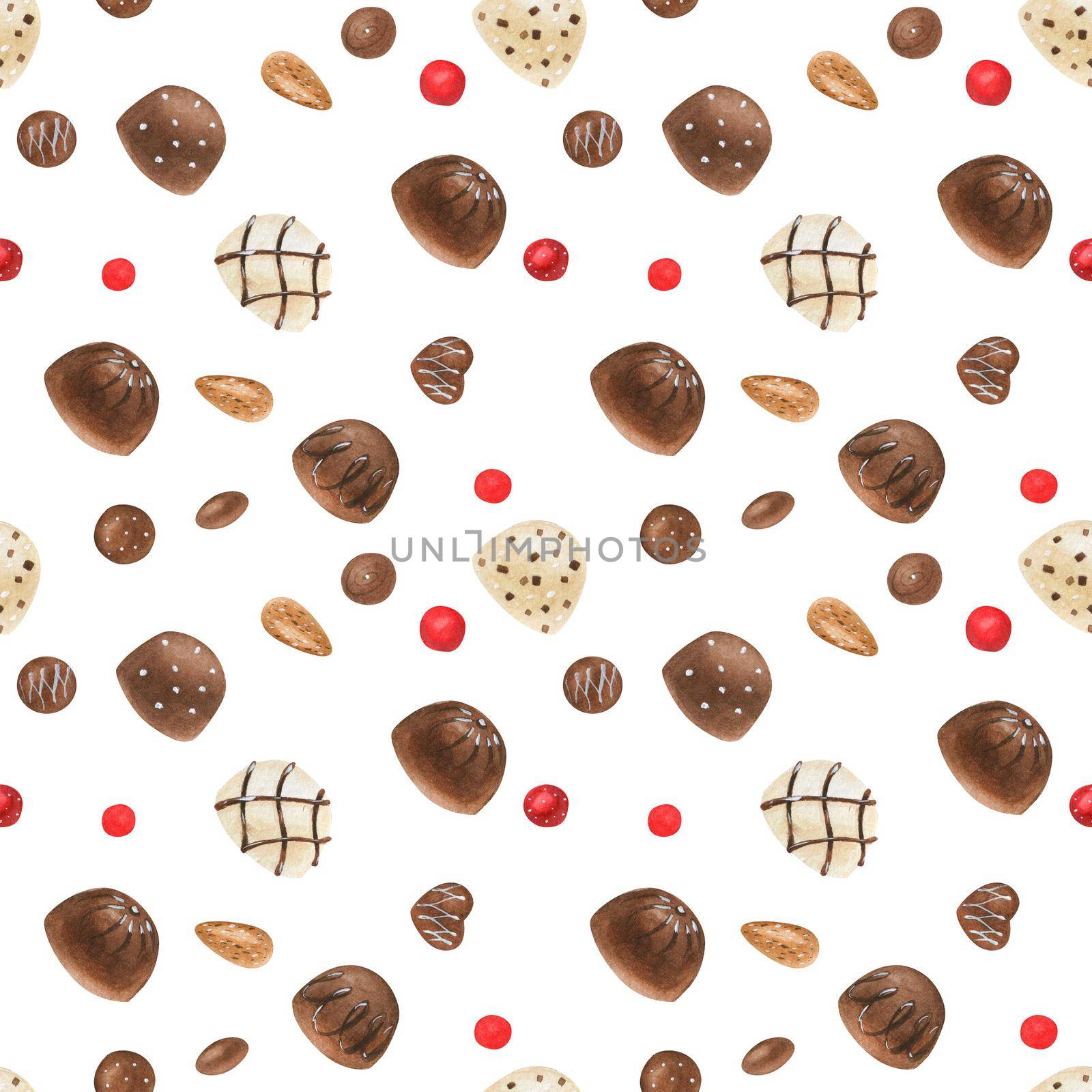Sweet seamless pattern with chocolate candies. Watercolor illustration for any event decoration, white background, path included