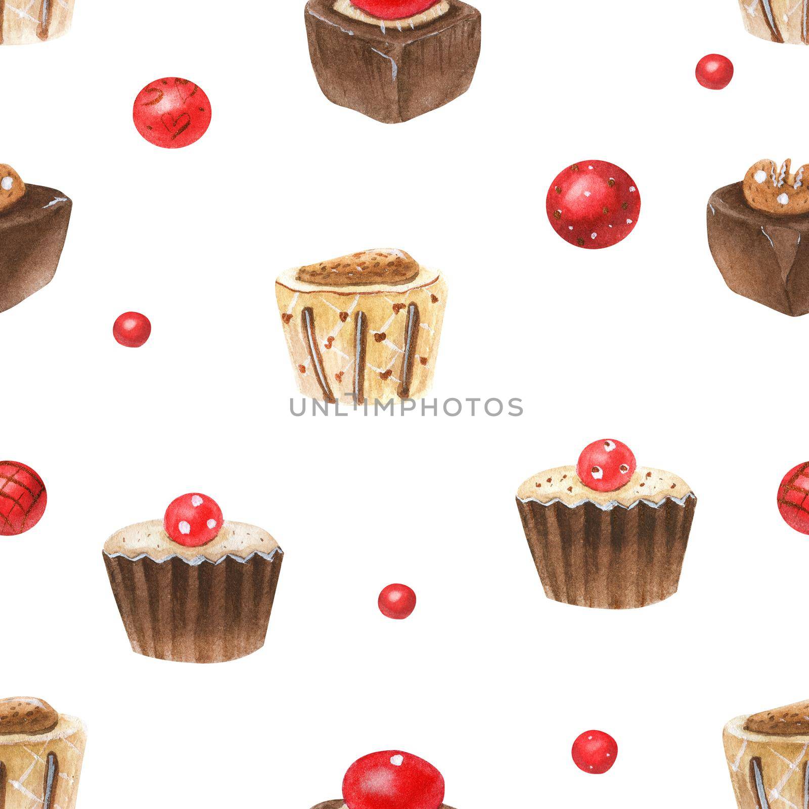 Sweet romantic watercolor pattern with chocolate candies by Xeniasnowstorm
