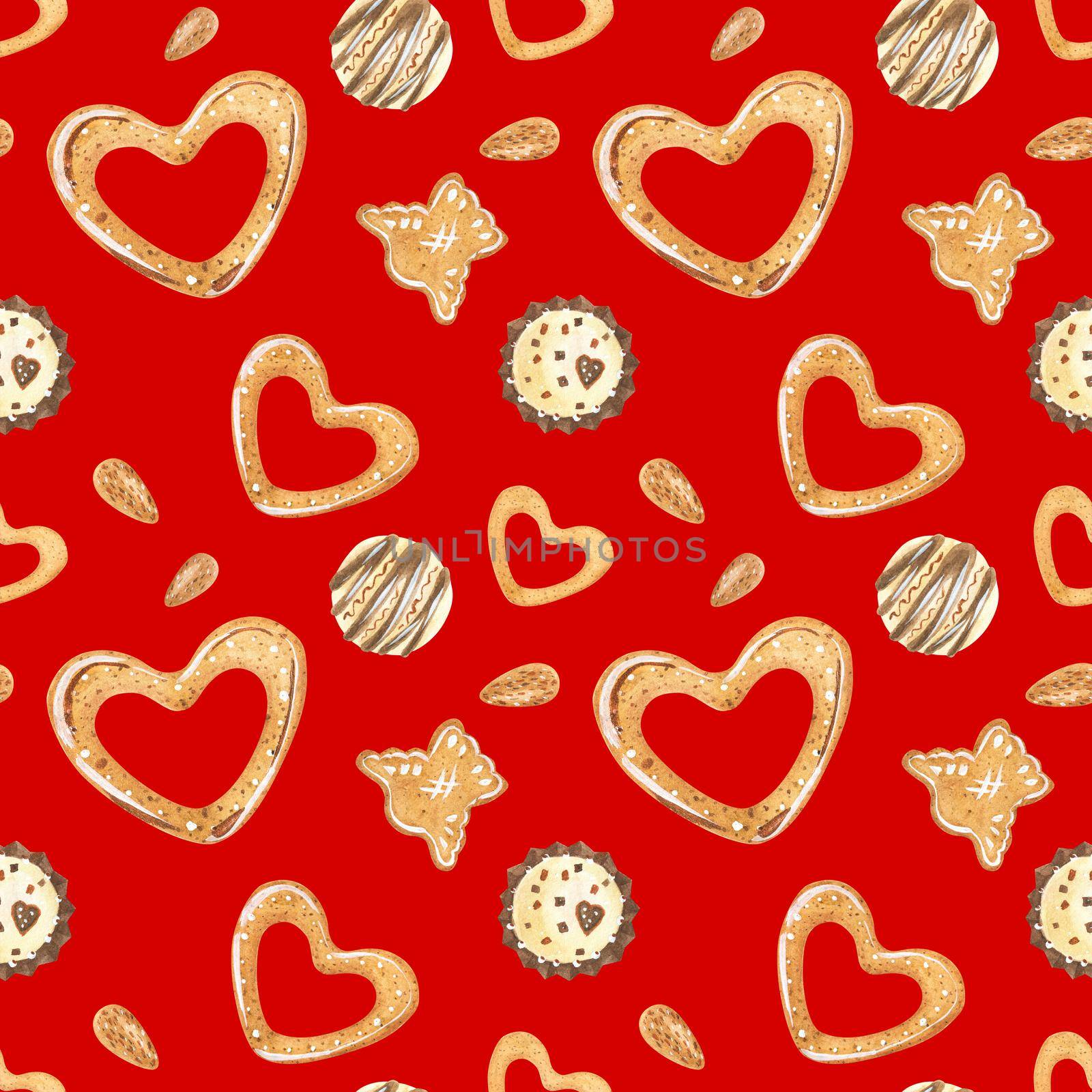 Sweet winter seamless pattern with chocolate candies and cookies. Watercolor illustration for any event decoration, red background, path included