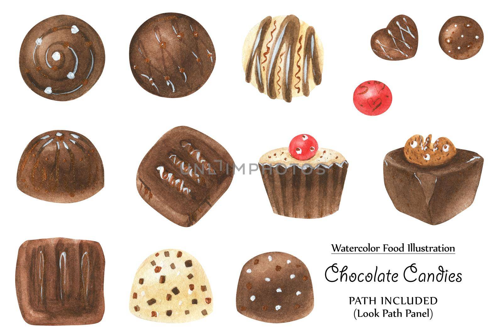 Watercolor food illustration. Christmas set of Chocolate candies decorated white and gold icing. Isolated, path included