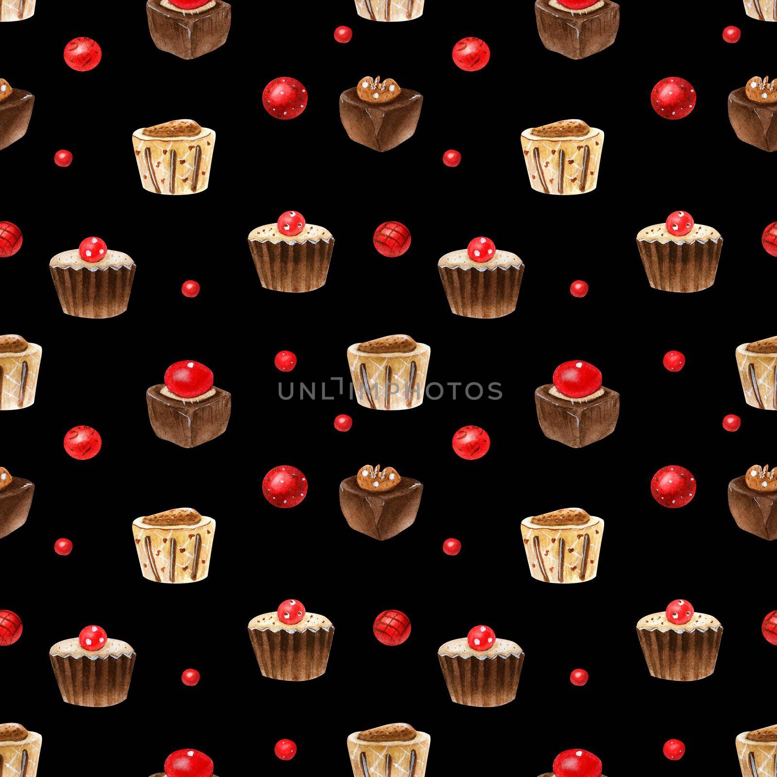 Sweet romantic black watercolor pattern with chocolates by Xeniasnowstorm