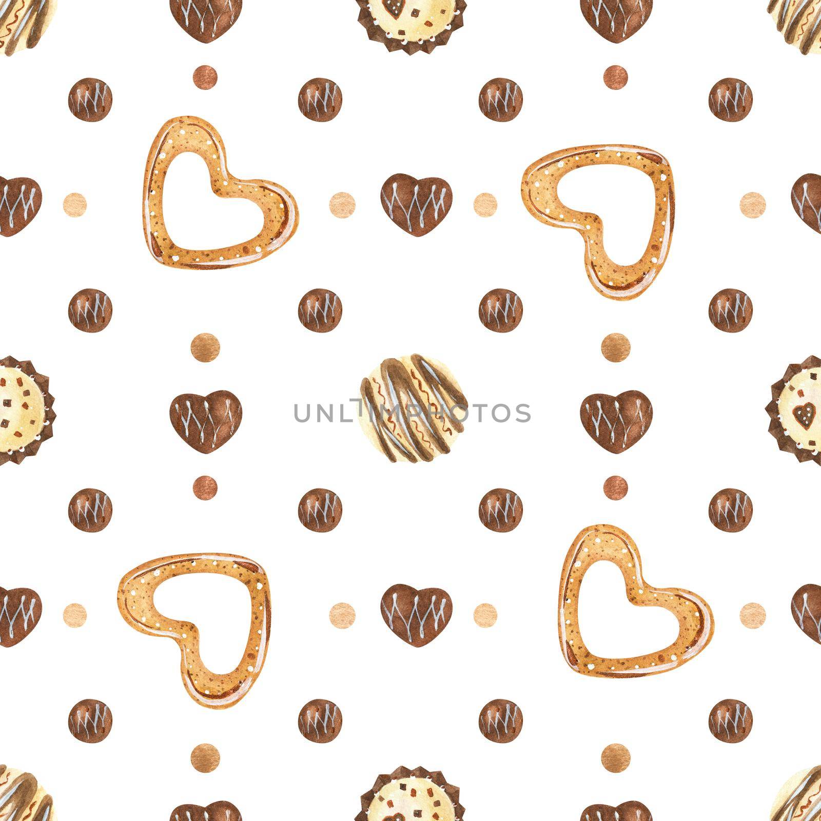 Sweet Valentine seamless pattern with chocolate candies and cookies. Watercolor illustration for any event decoration, white background, path included