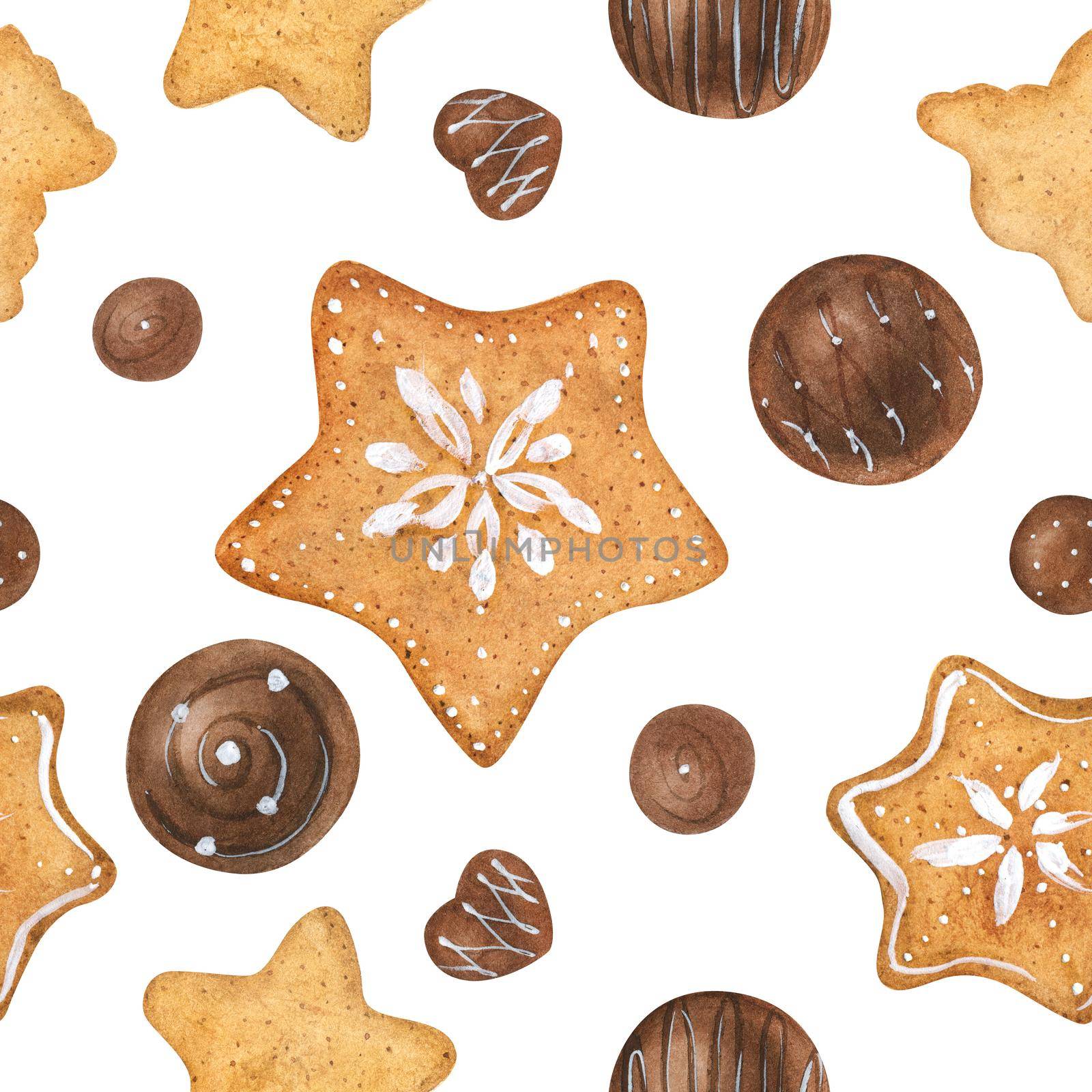 Sweet winter seamless pattern with chocolate candies and cookies. Watercolor illustration for any event decoration, white background, path included