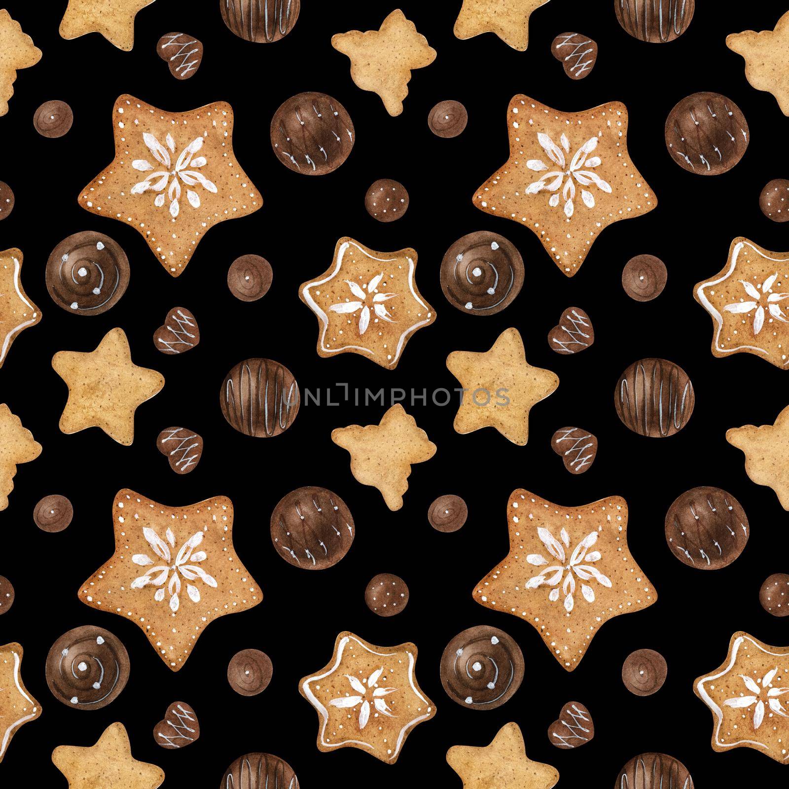 Sweet winter seamless pattern with chocolate candies and cookies. Watercolor illustration for any event decoration, black background, path included