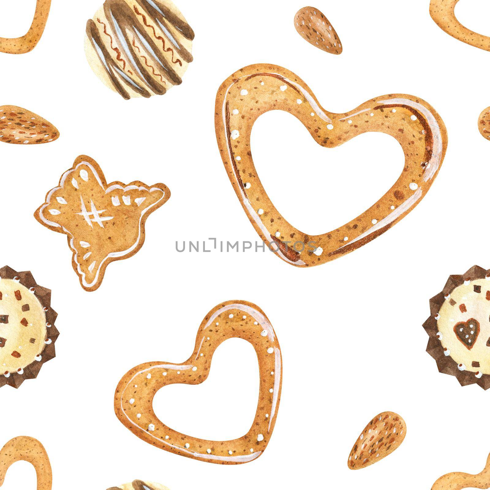 Sweet winter seamless pattern with chocolate candies and cookies. Watercolor illustration for any event decoration, white background, path included
