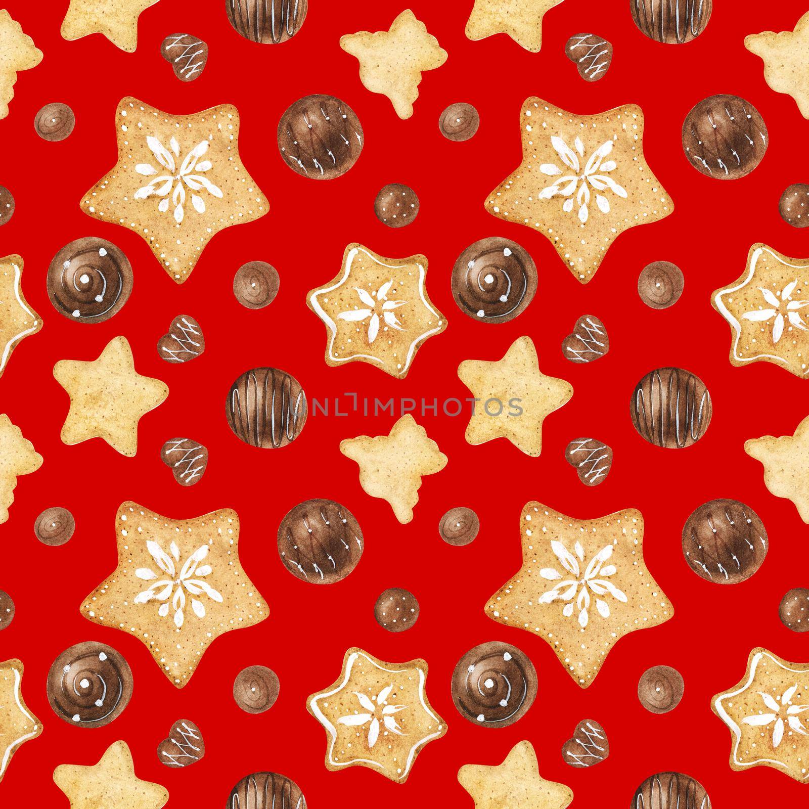 Sweet winter seamless pattern with chocolate candies and cookies. Watercolor illustration for any event decoration, red background, path included