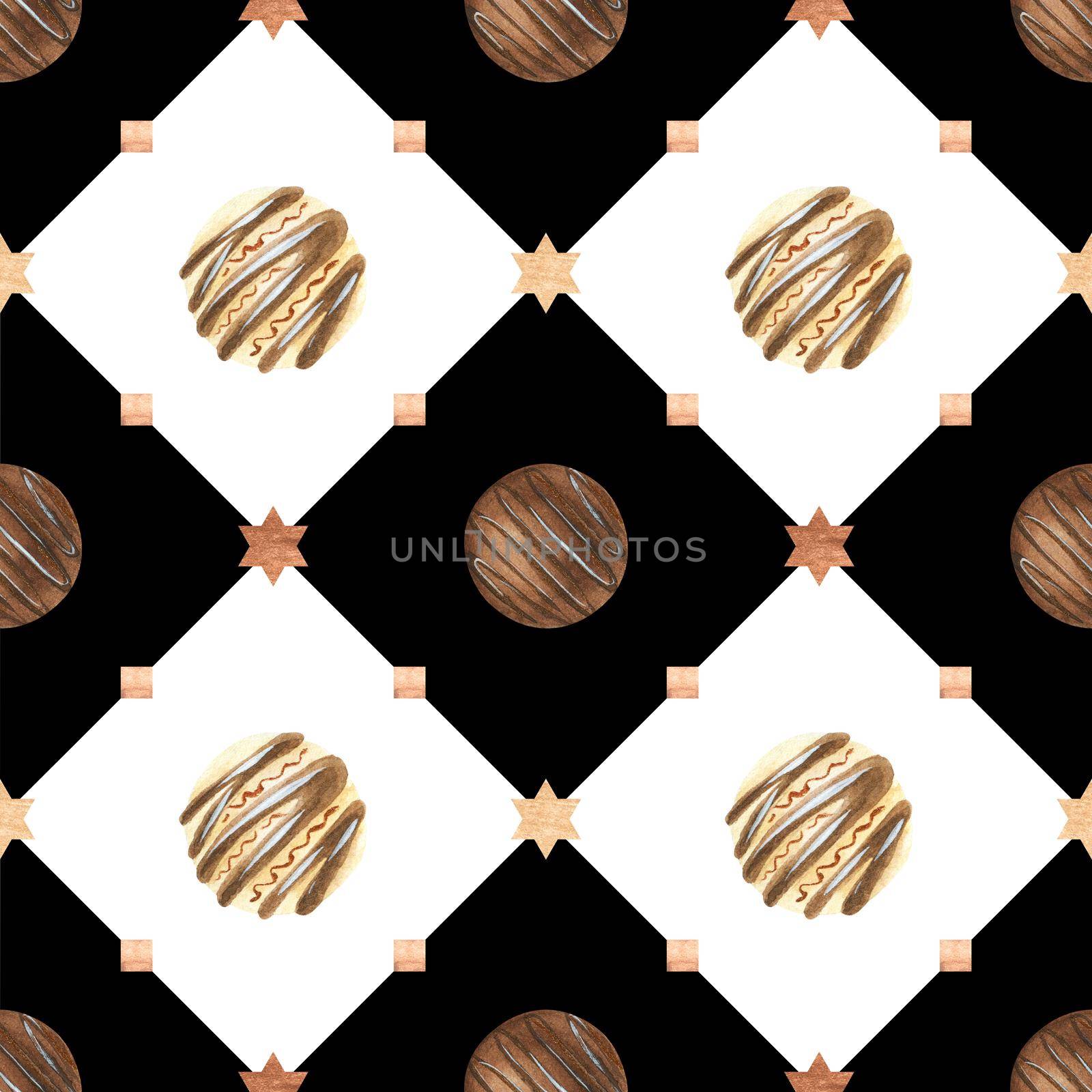 Sweet romantic seamless pattern with chocolates and diamond. Watercolor illustration for any event decoration, white and black background, path included