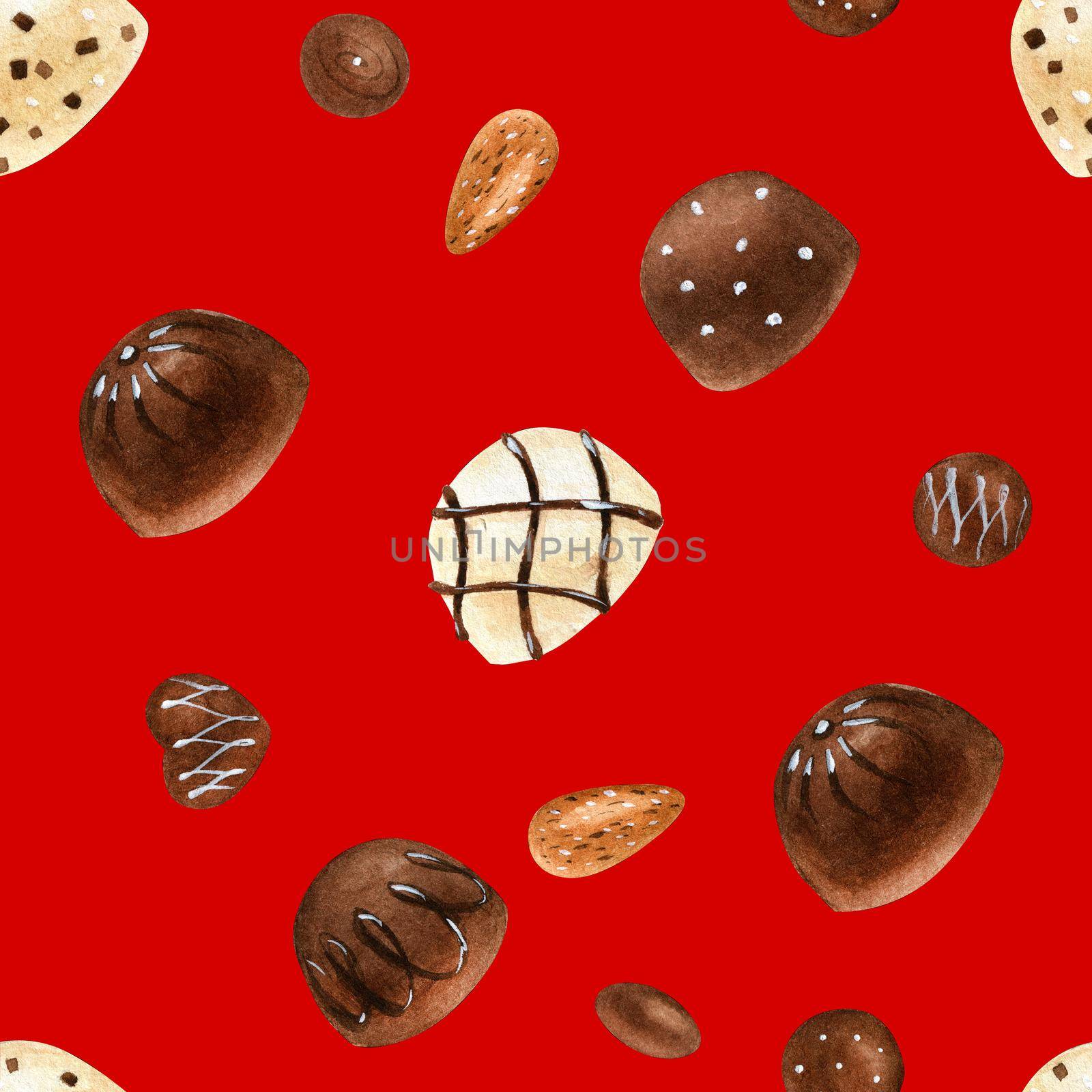 Sweet seamless pattern with chocolate candies. Watercolor illustration for any event decoration, red background, path included