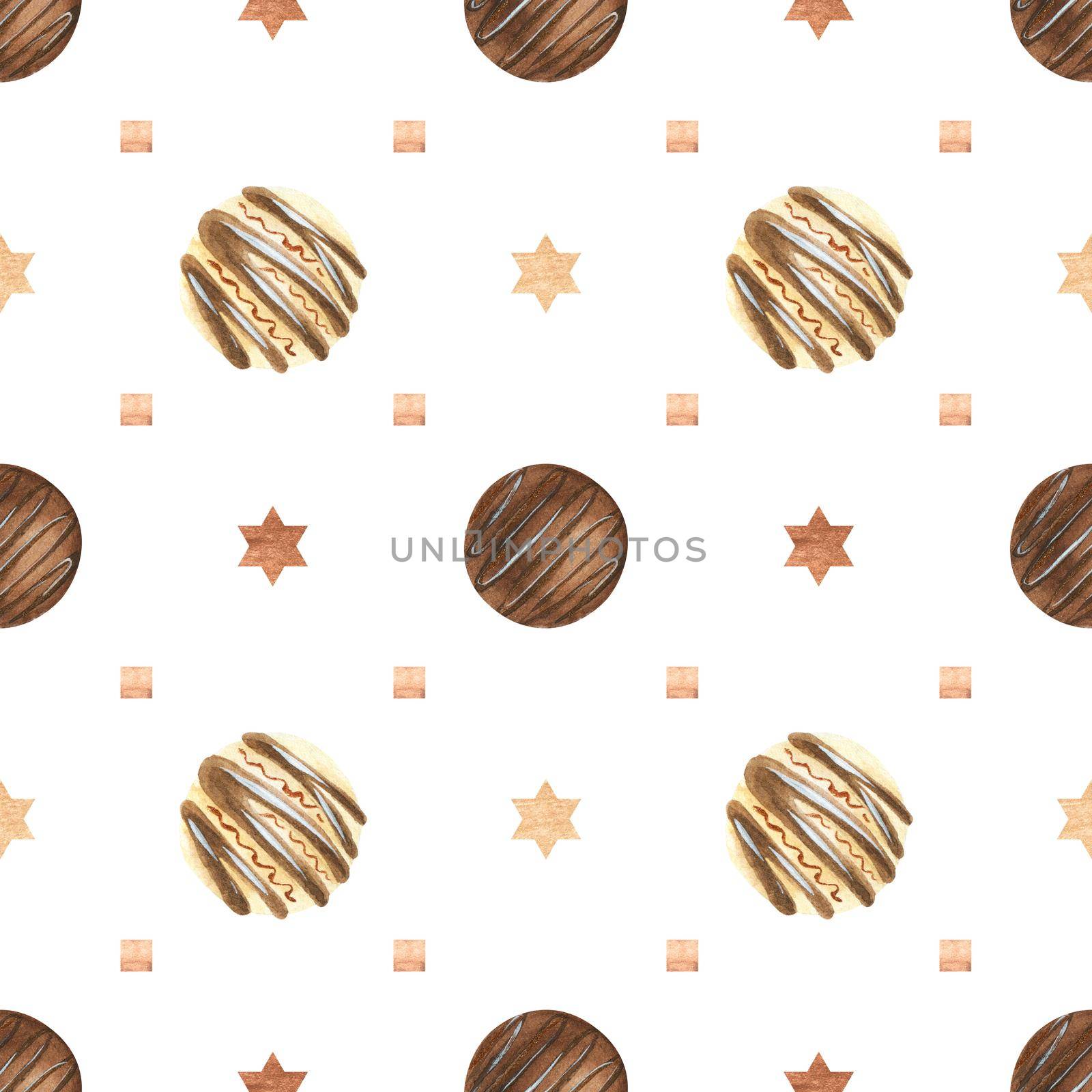 Sweet seamless pattern with chocolate candies. Watercolor illustration for any event decoration, white background, path included