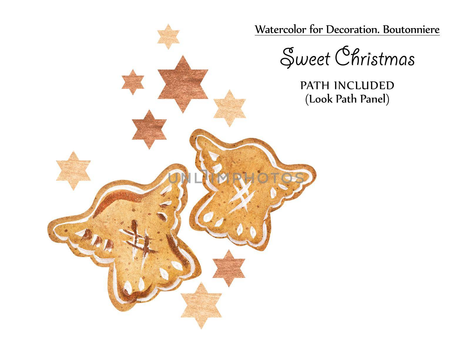Sweet vignettes with gingerbreads and golden stars. Watercolor illustration, path included