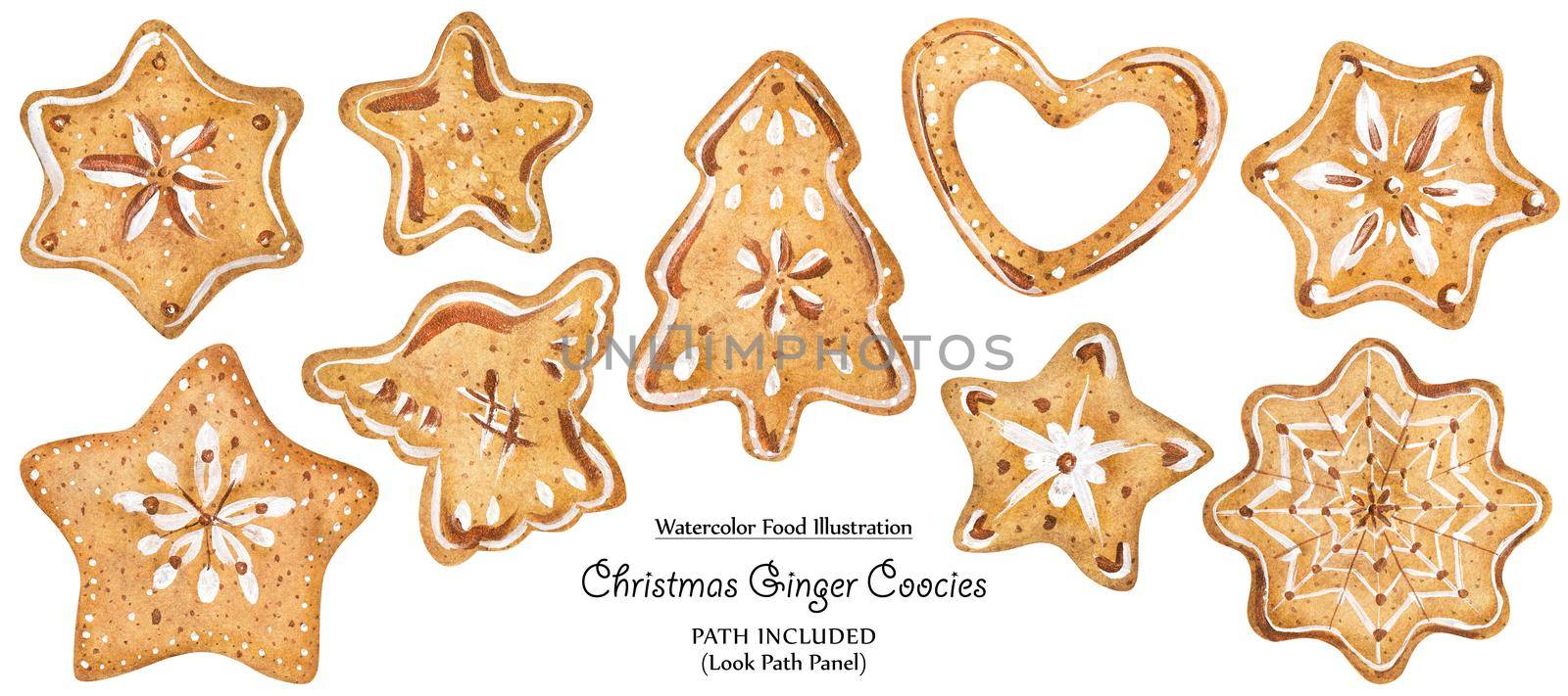 Watercolor food illustration. Homemade decorated Christmas gingerbread. Isolated, path included
