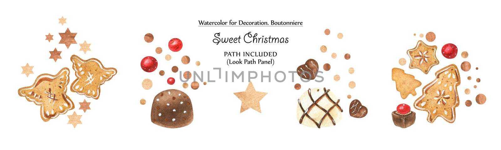 Set of sweet vignettes with gingerbreads and chocolates. Watercolor illustration, path included