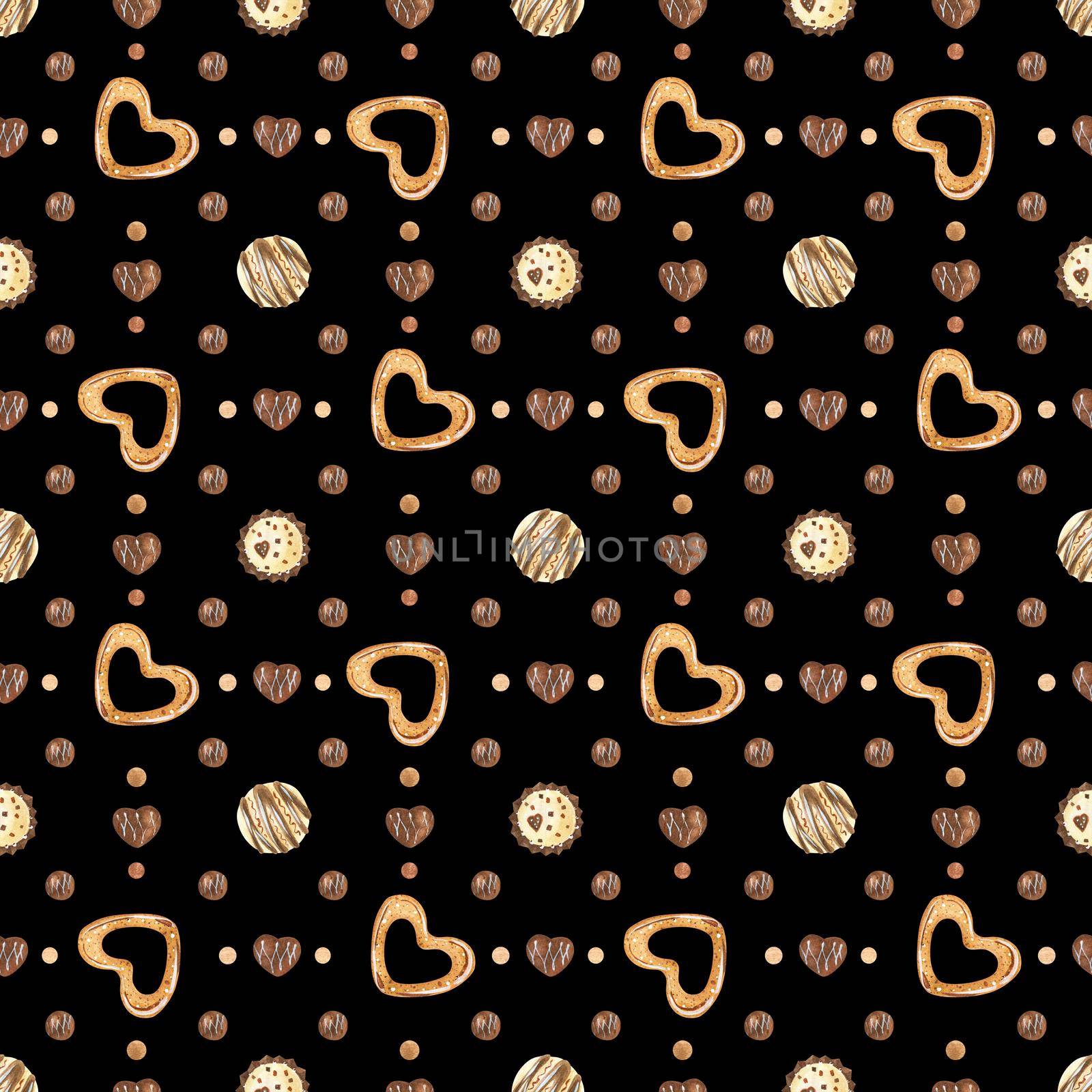 Sweet Valentine seamless pattern with chocolate candies and cookies. Watercolor illustration for any event decoration, black background, path included