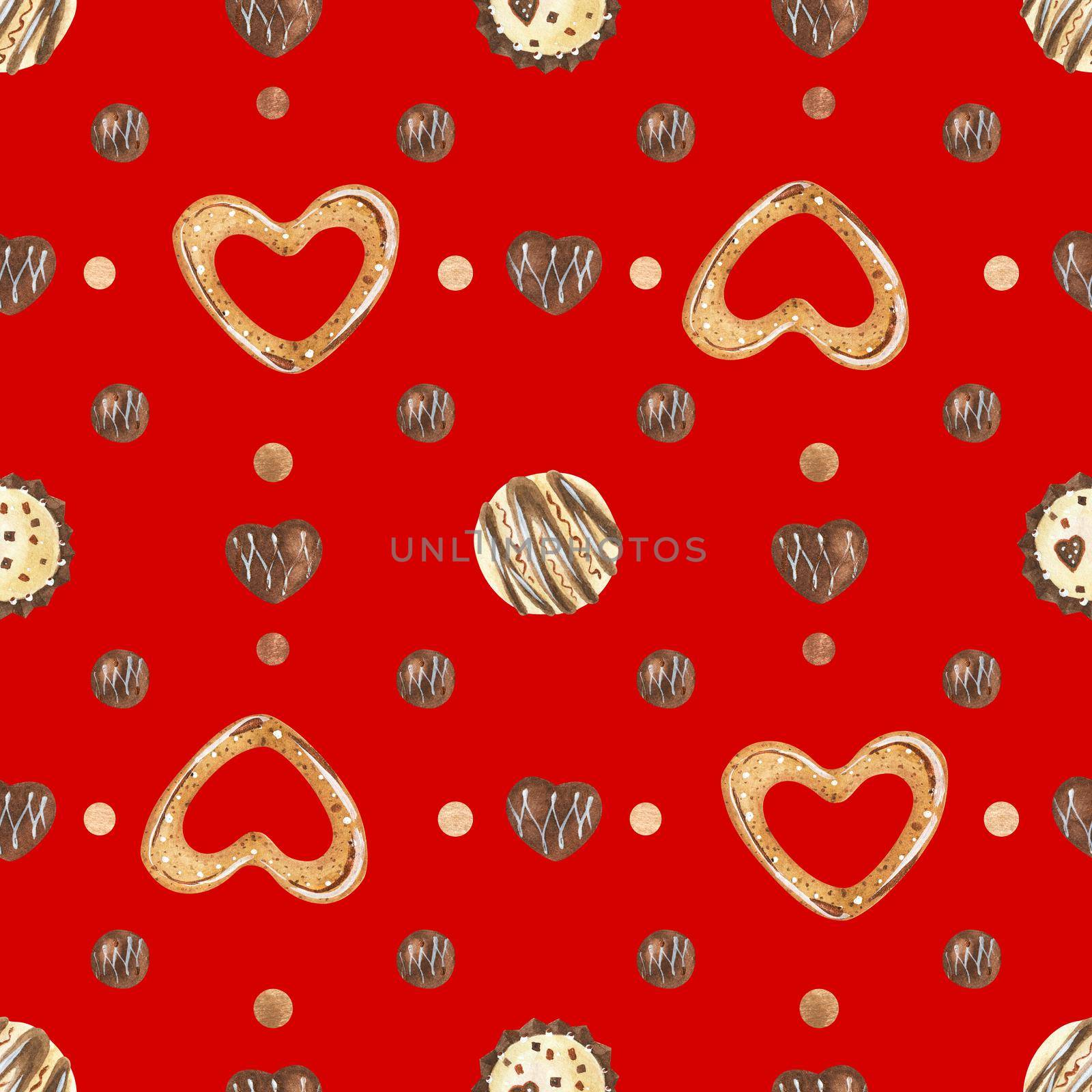 Sweet Valentine seamless pattern with chocolate candies and cookies. Watercolor illustration for any event decoration, red background, path included