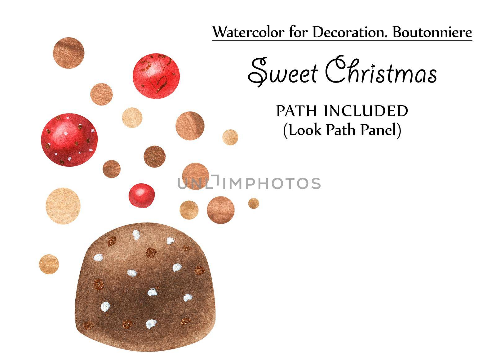 Sweet vignettes with chocolates and golden dots. Watercolor illustration, path included