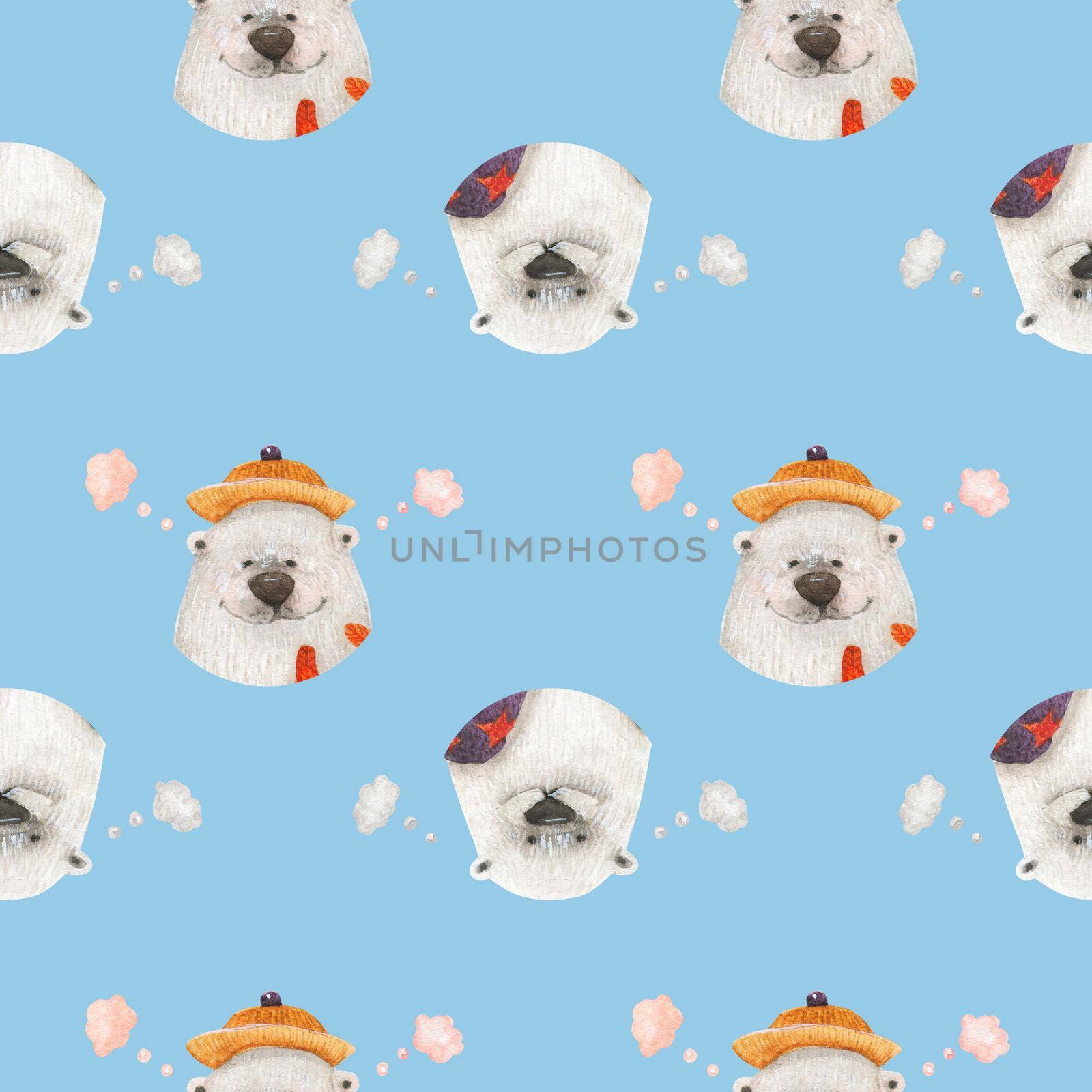 Polar bear healthy lifestyle. Bears in sauna. Watercolor seamless patterns for textile, wrapping paper and any tiled design. Blue background, clipping path uncluded