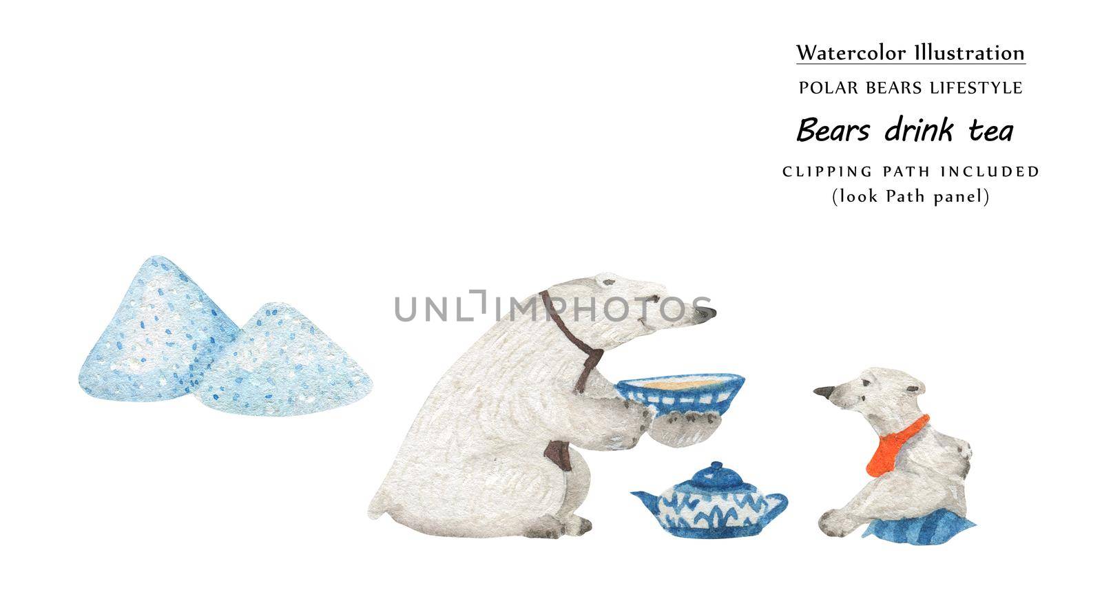Cute watercolor illustration Father ans son bears drink hor tea. Isolated clipping path included