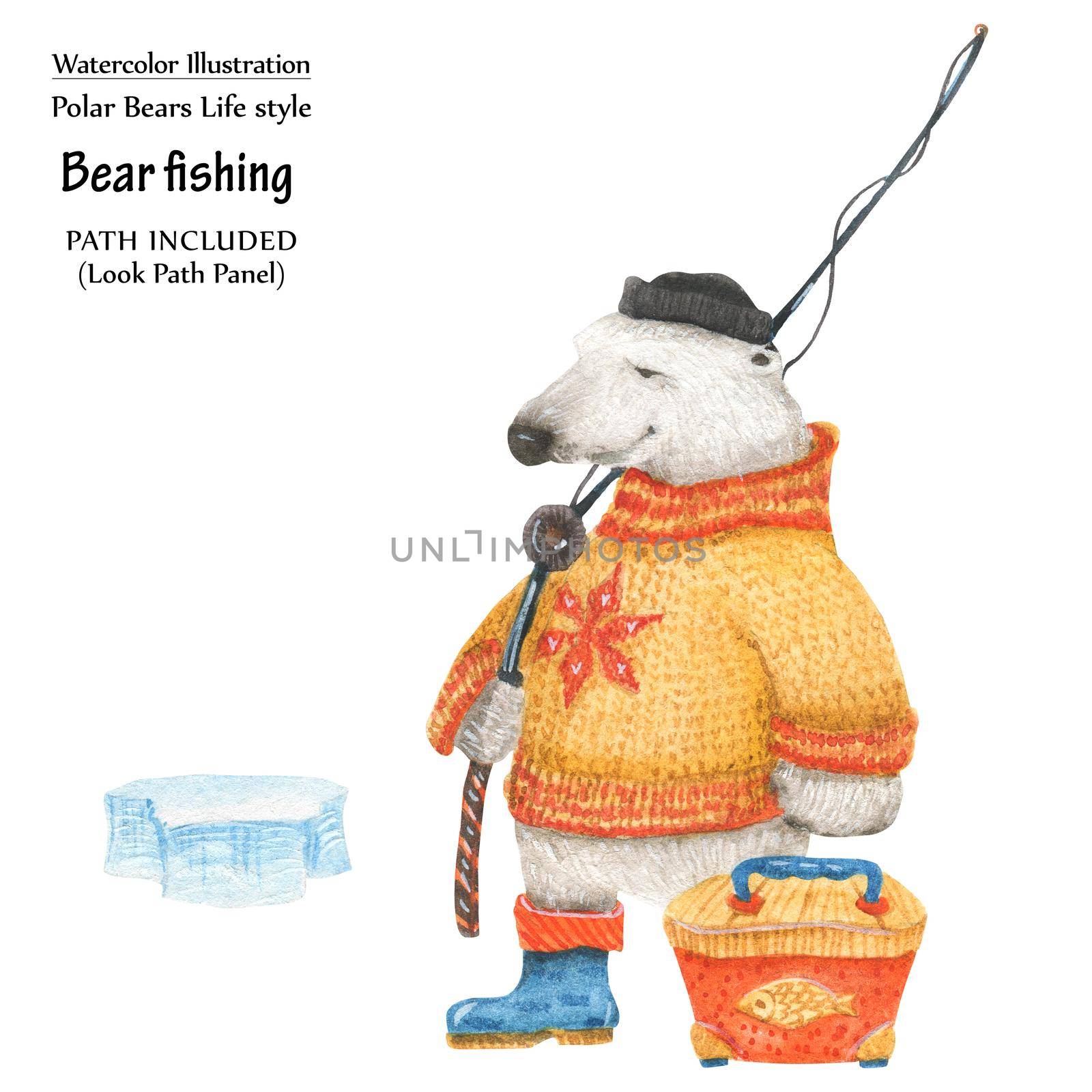Cute watercolor illustration Polar bear in winter fishing. Isolated clipping path included
