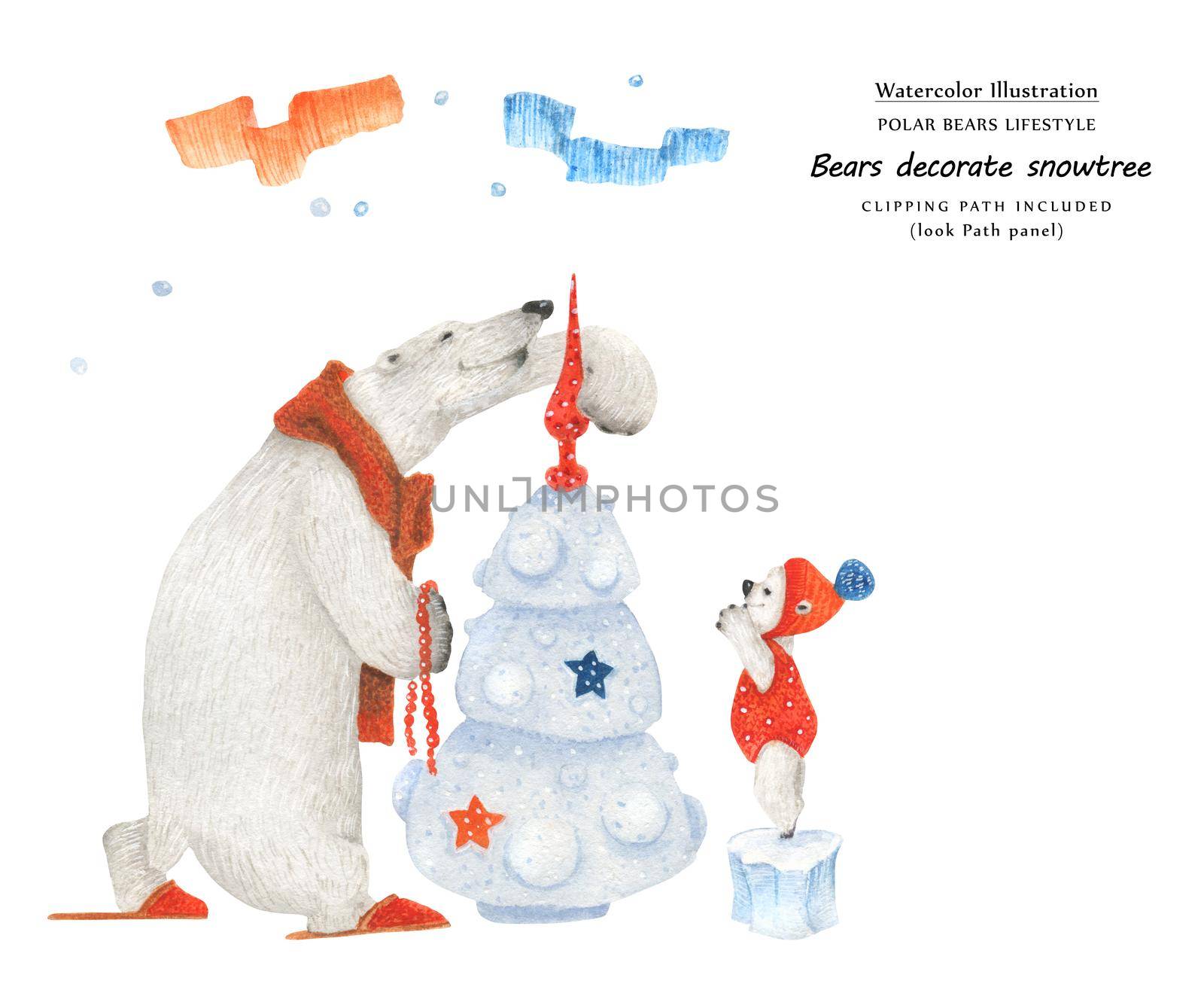 Cute watercolor illustration Father ans son bears decorate Christmas tree. Isolated clipping path included