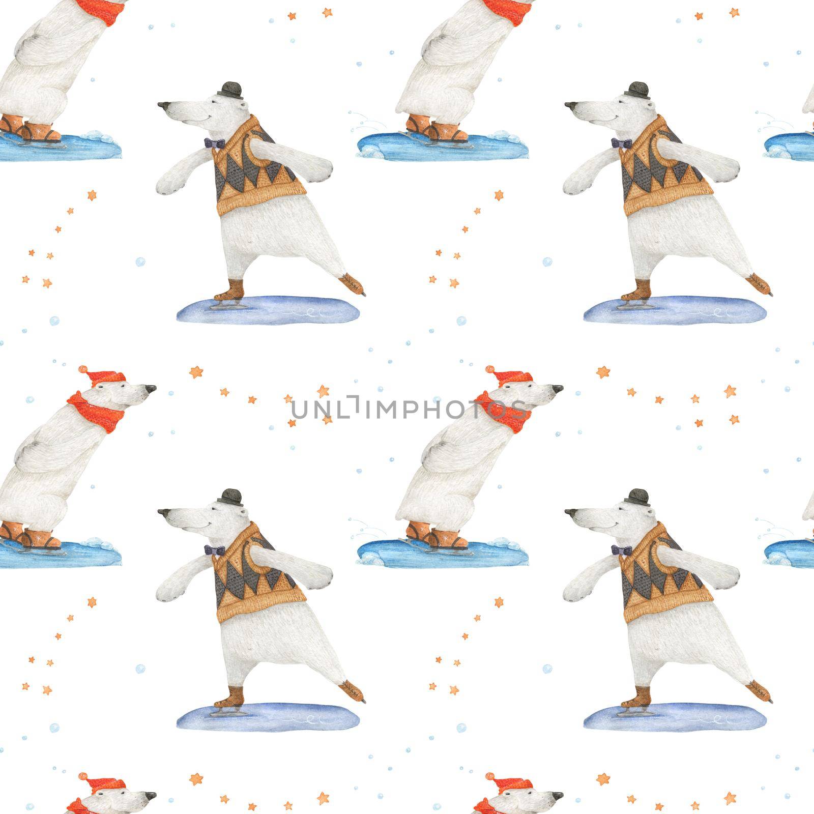 Polar bear winter vacation. Art seamless pattern by Xeniasnowstorm