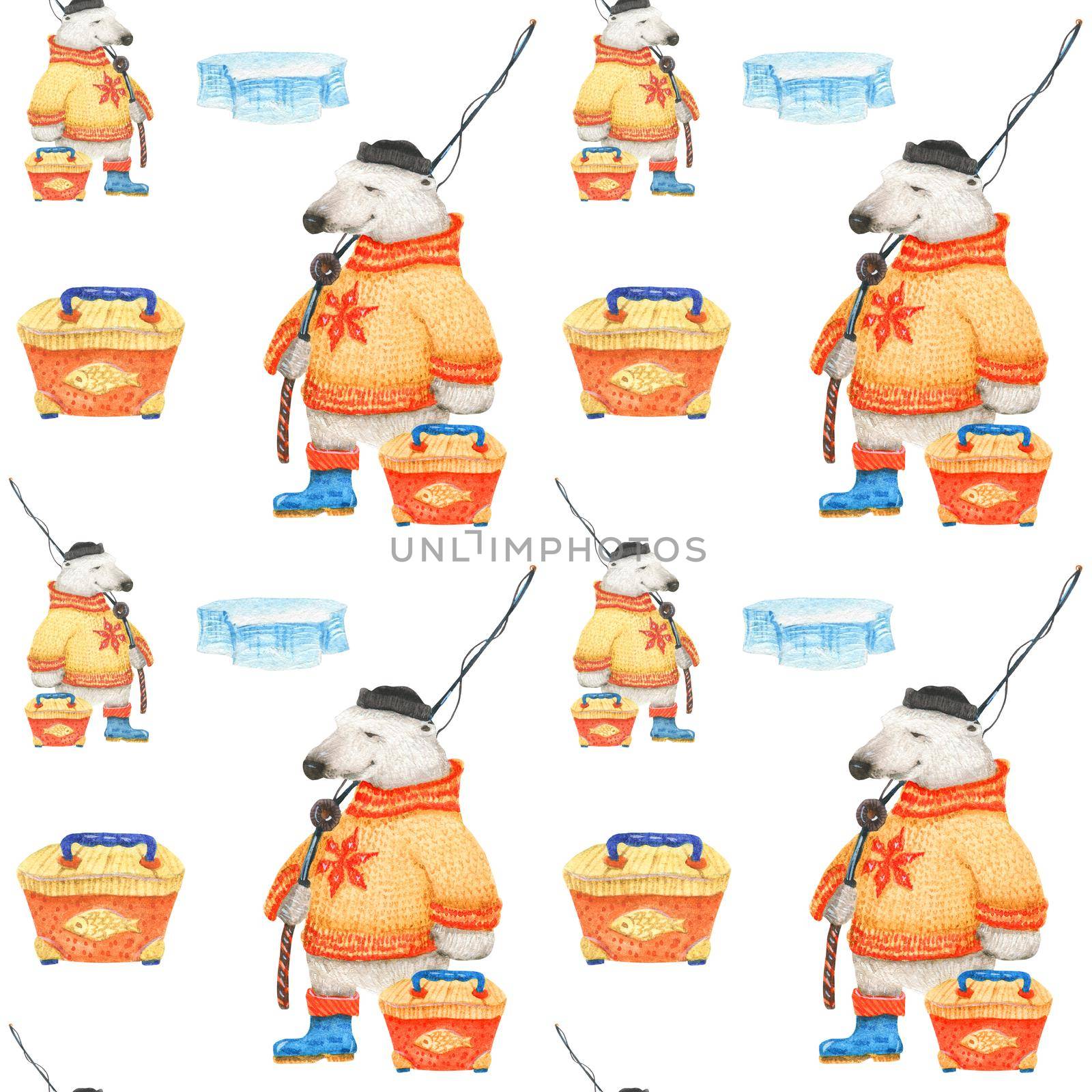 Polar bear goes fishing. Watercolor seamless patterns for textile, wrapping paper and any tiled design. White background, clipping path uncluded