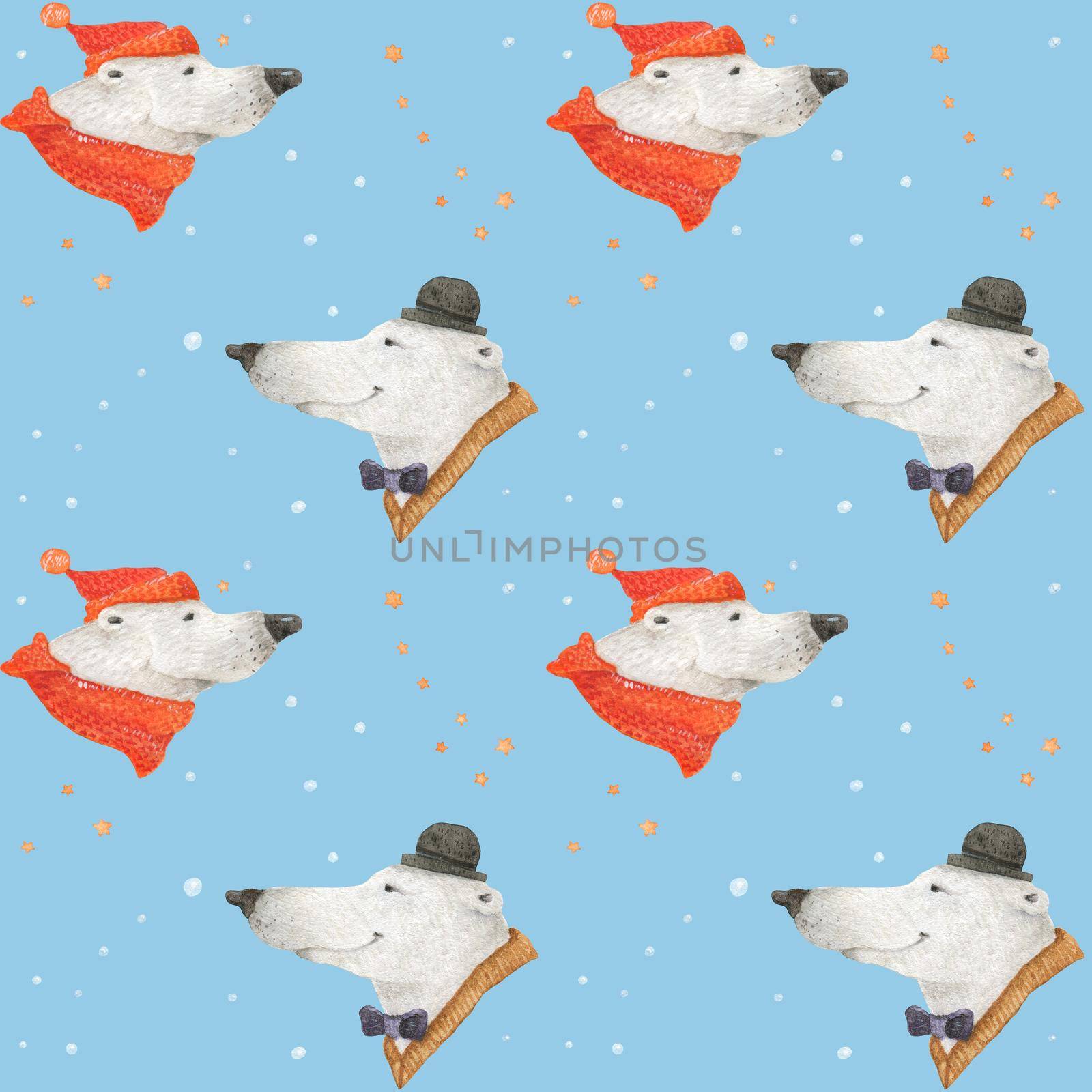 Polar bear winter fun. Arctic bear portrets. Watercolor seamless patterns for textile, wrapping paper and any tiled design. Blue background, clipping path uncluded