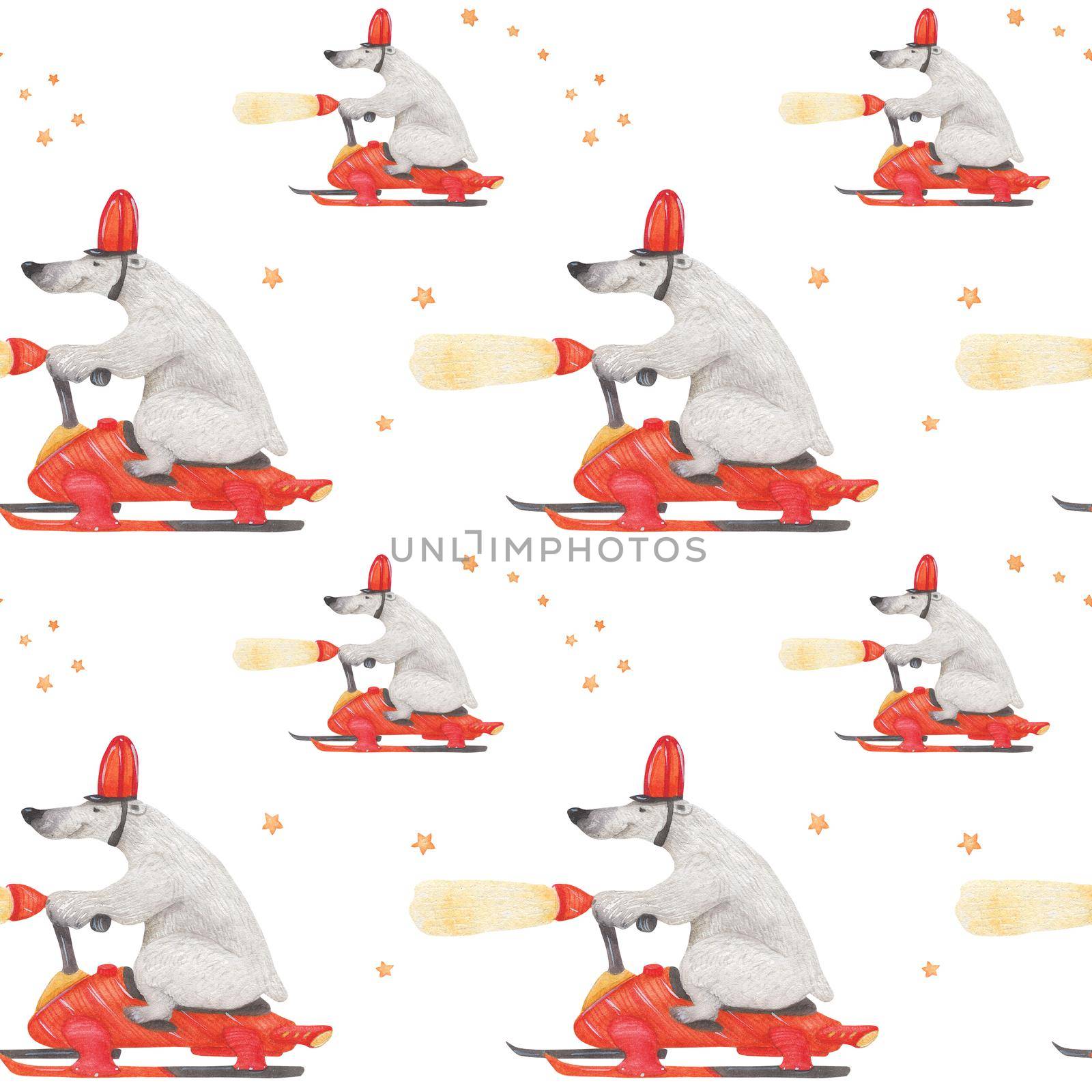 Polar bear rushing snowmobile. Watercolor seamless patterns for textile, wrapping paper and any tiled design. White background, clipping path uncluded