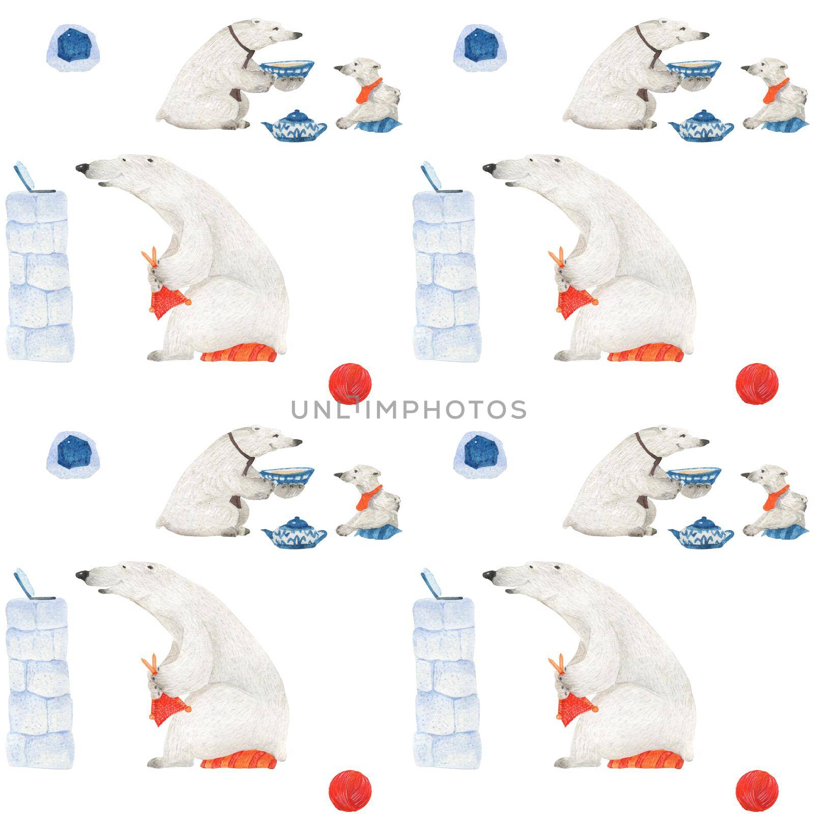 Polar bears drink tea and knitting. Watercolor seamless patterns for textile, wrapping paper and any tiled design. White background, clipping path uncluded