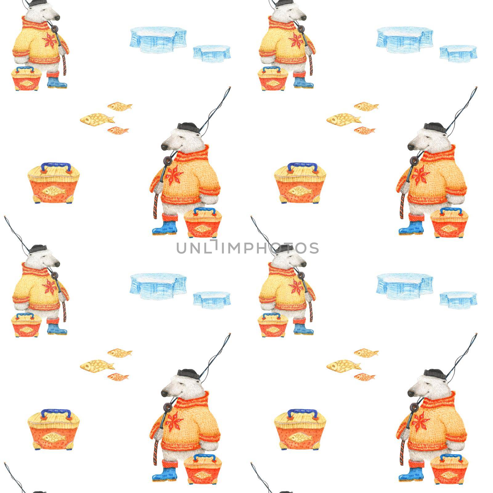 Fisher Polar bear. Watercolor seamless patterns for textile, wrapping paper and any tiled design. White background, clipping path uncluded