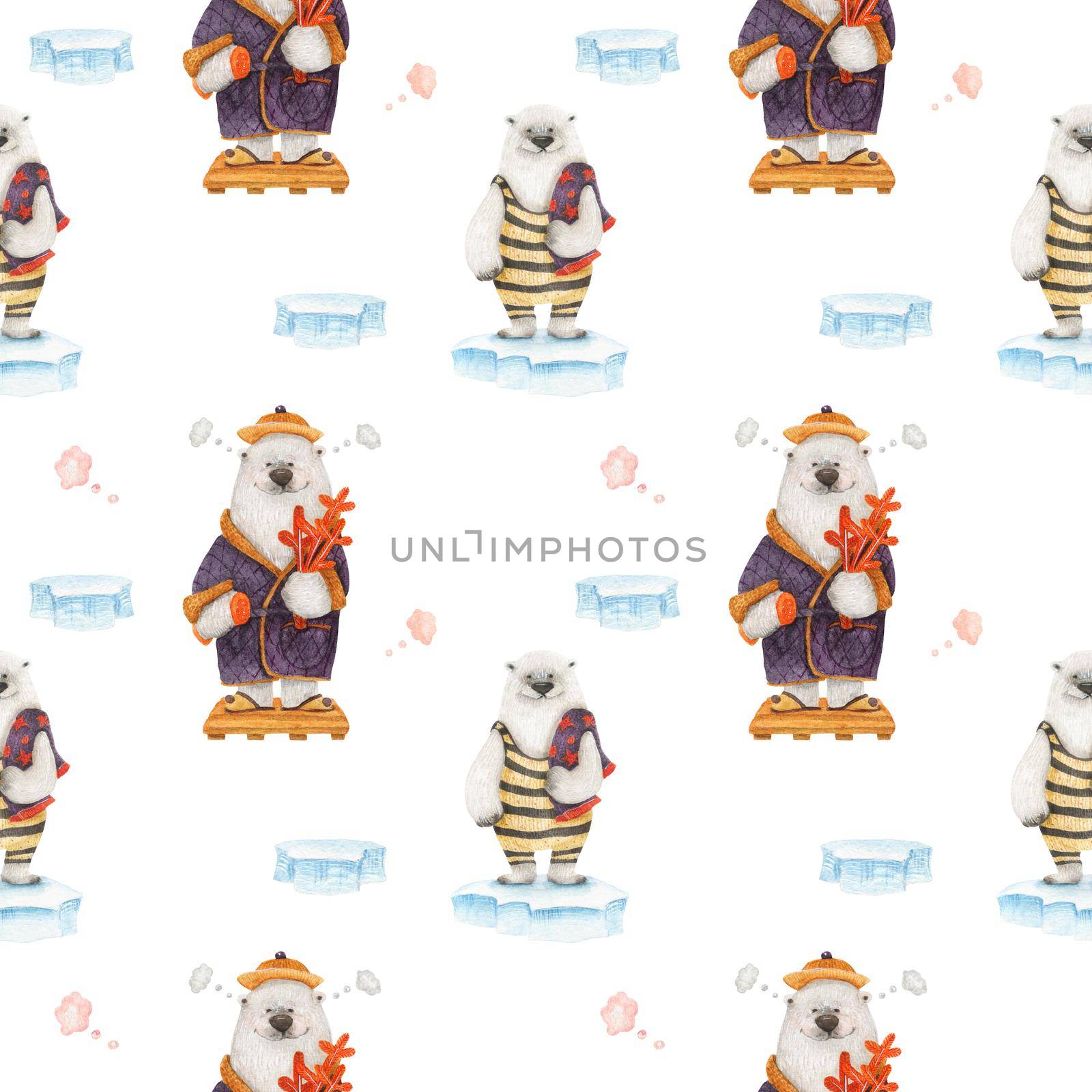 Polar bear healthy lifestyle. Bears in sauna. Watercolor seamless patterns for textile, wrapping paper and any tiled design. White background, clipping path uncluded