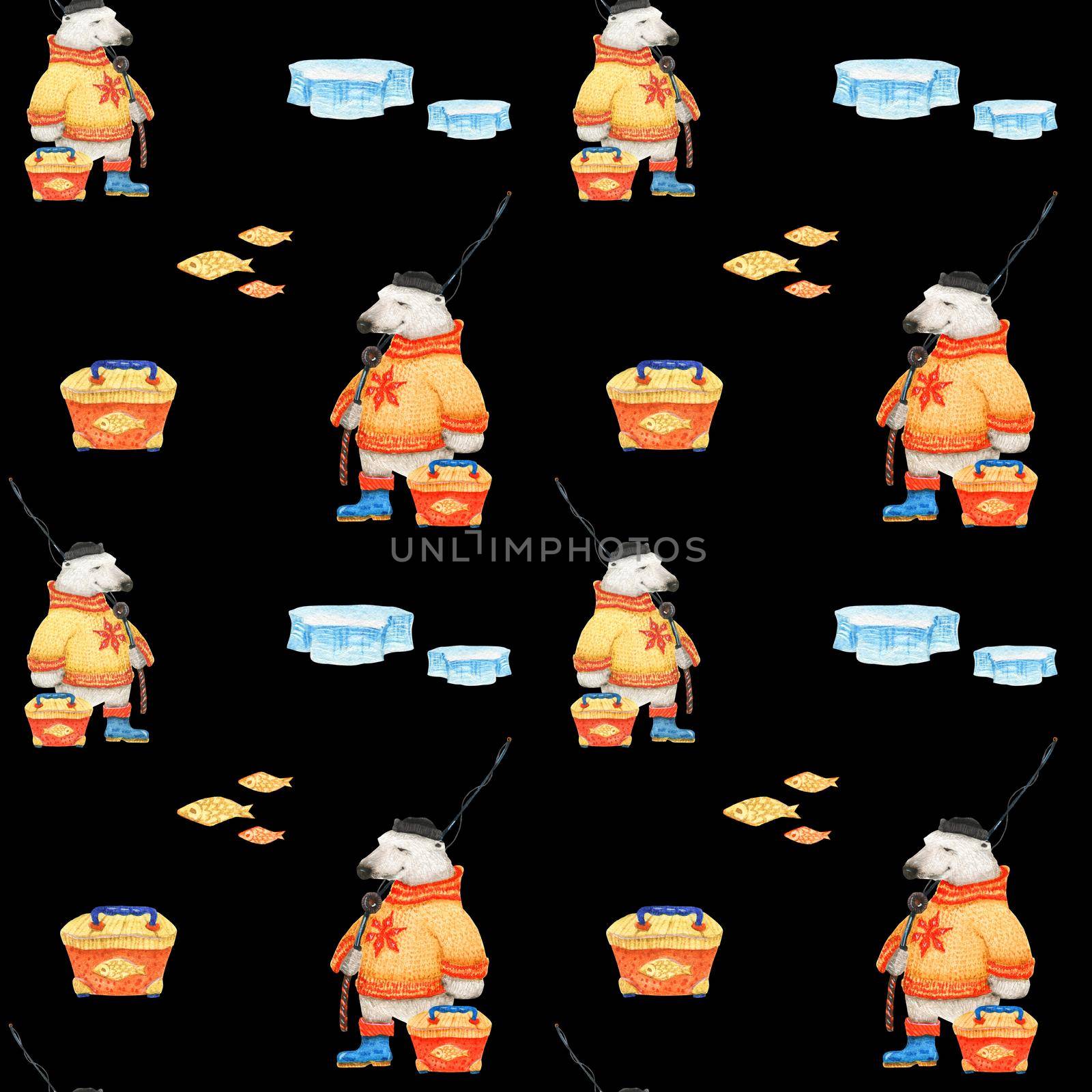 Fisher Polar bear. Watercolor seamless patterns for textile, wrapping paper and any tiled design. Black background, clipping path uncluded