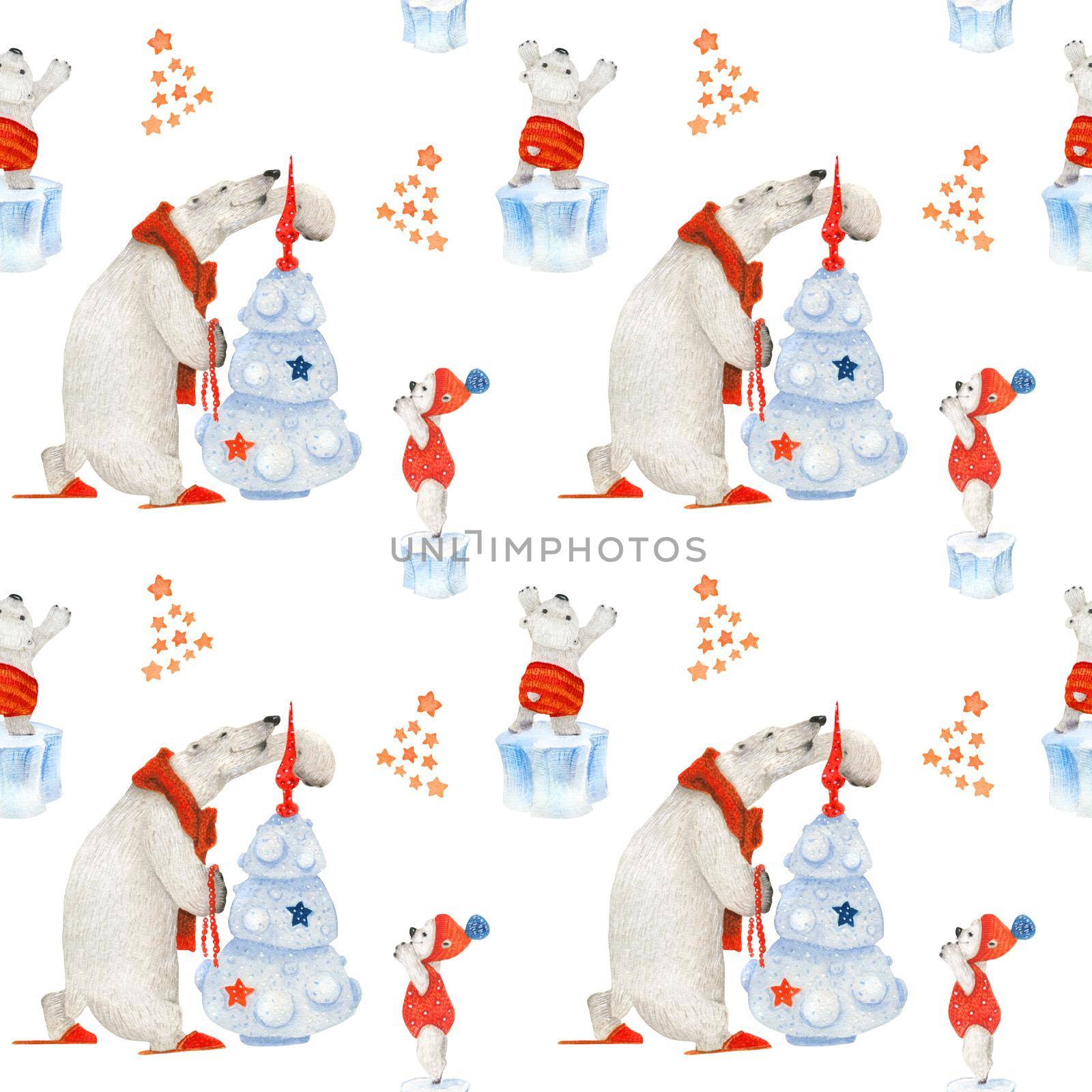 Polar bears decorating new year tree. Watercolor seamless patterns for textile, wrapping paper and any tiled design. White background, clipping path uncluded