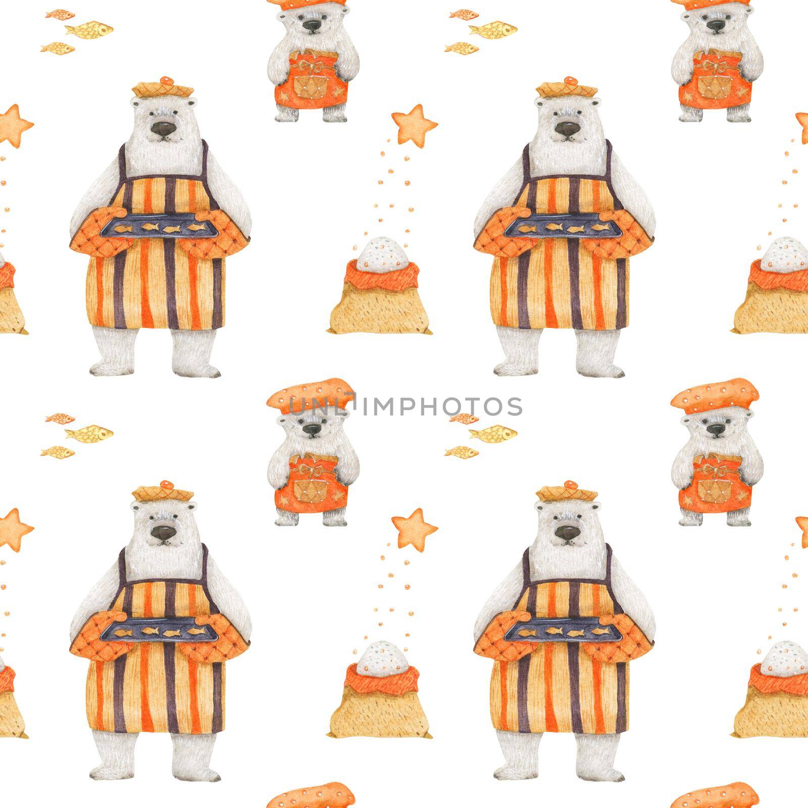 Polar bears baking homemede sugar cookies. Watercolor seamless patterns for textile, wrapping paper and any tiled design. White background, clipping path uncluded