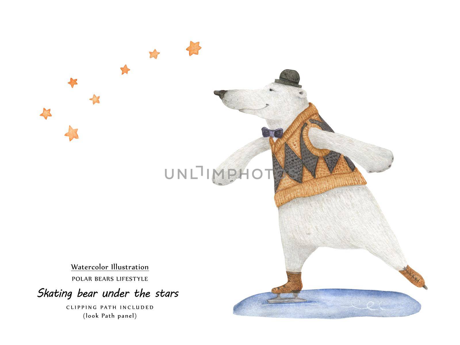 Cute watercolor illustration Bear skate under the Ursa Minor stars. Isolated clipping path included