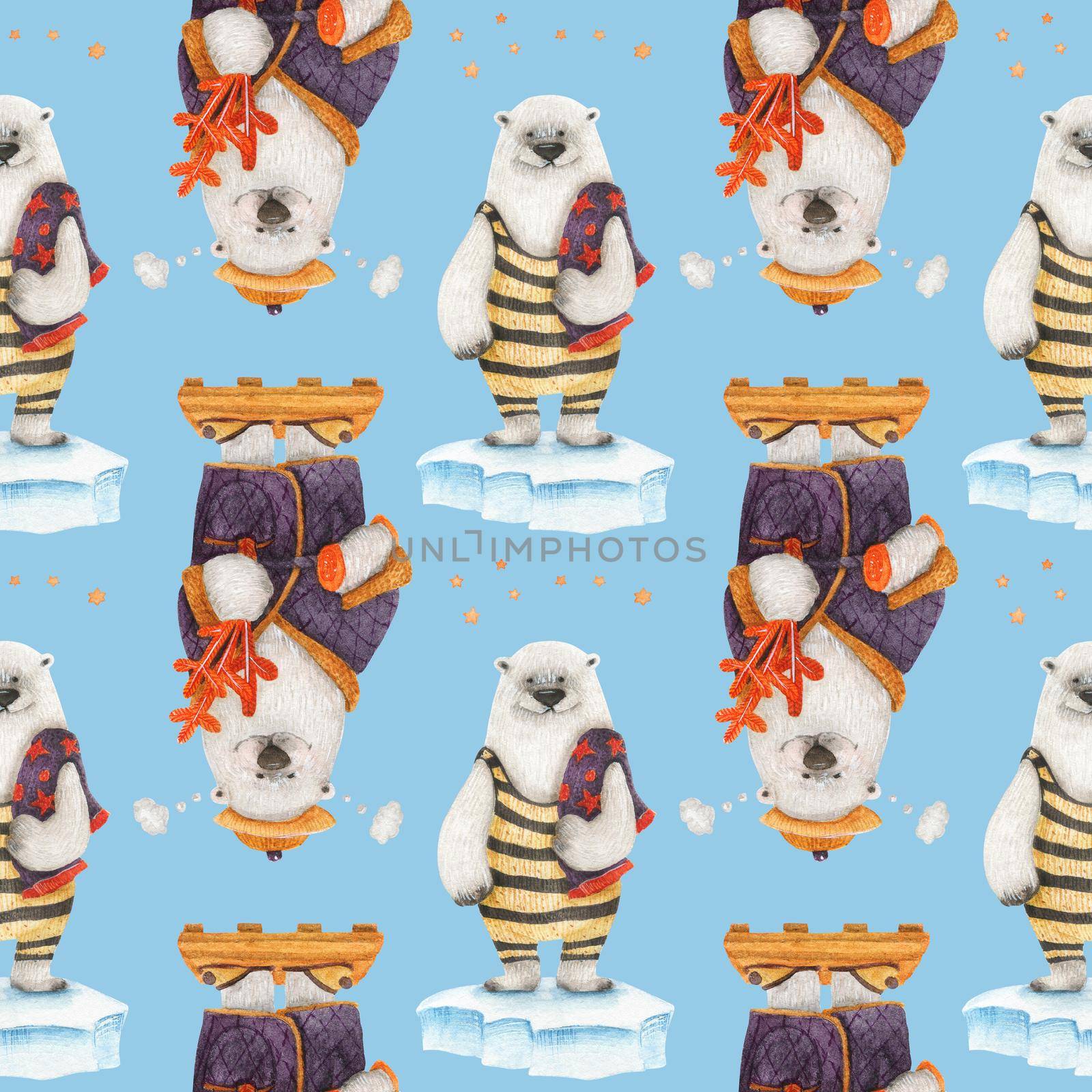 Polar bear healthy lifestyle. Bears in sauna. Watercolor seamless patterns for textile, wrapping paper and any tiled design. Bluebackground, clipping path uncluded