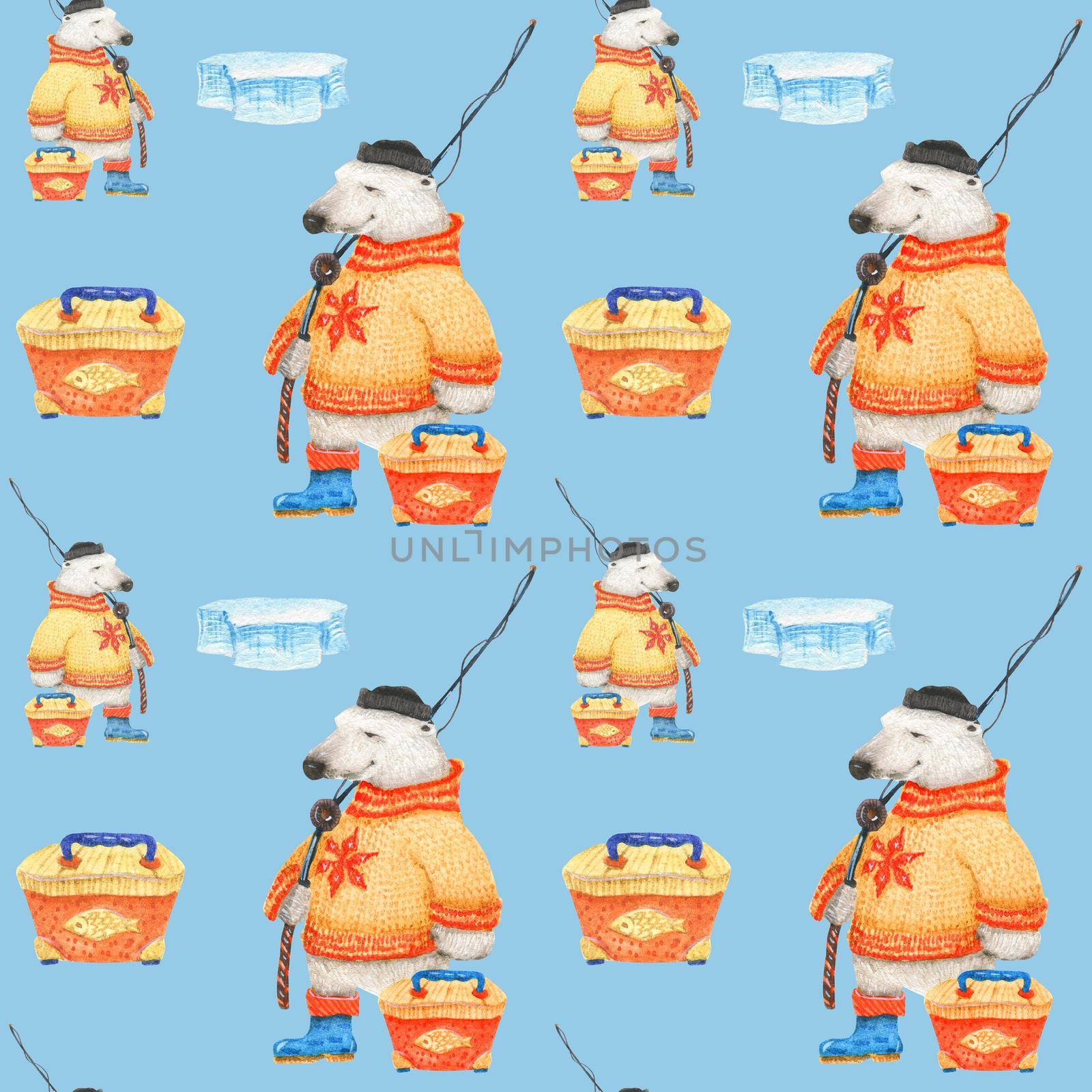 Polar bear goes fishing. Watercolor seamless pattern by Xeniasnowstorm